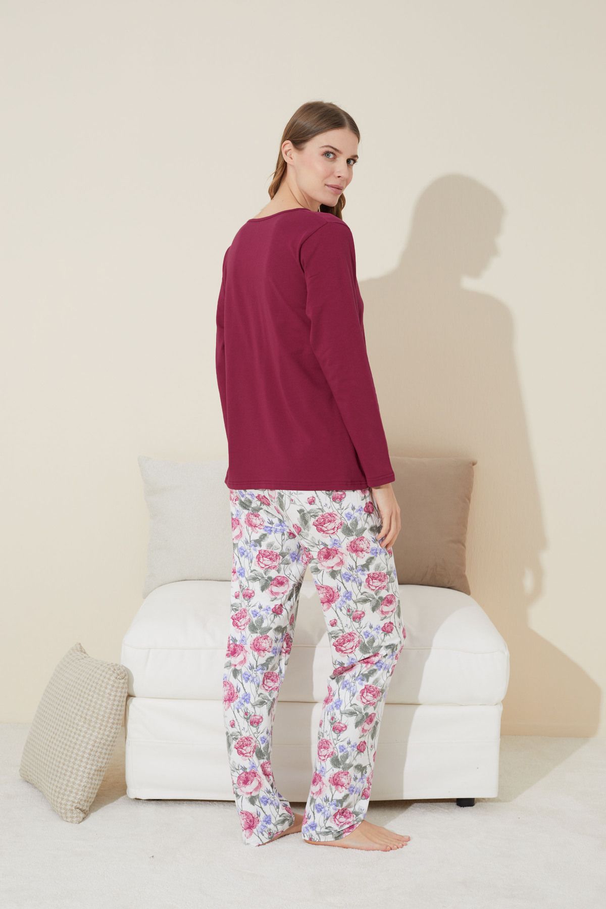 Siyah İnci-Set pijamale din bumbac brodat roșu Claret - 24240104 3