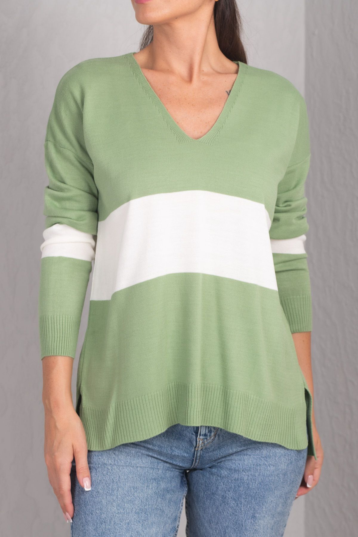 armonika-Tricot pentru femei, verde, cu decolteu în V, în două culori, în față lung în spate ARM-20K012005 3