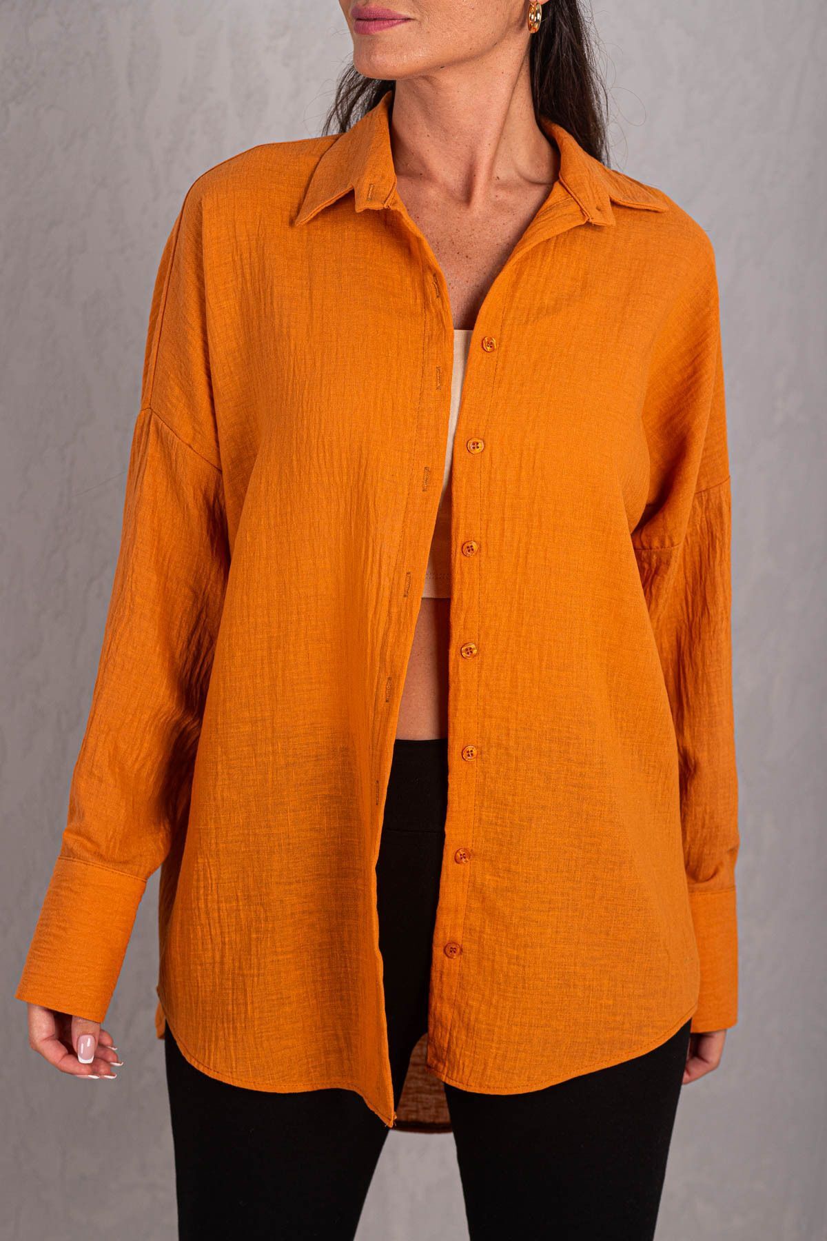 armonika-Women's Orange Oversize Textured Linen Look Wide Cuff Shirt Arm-24k001001 2