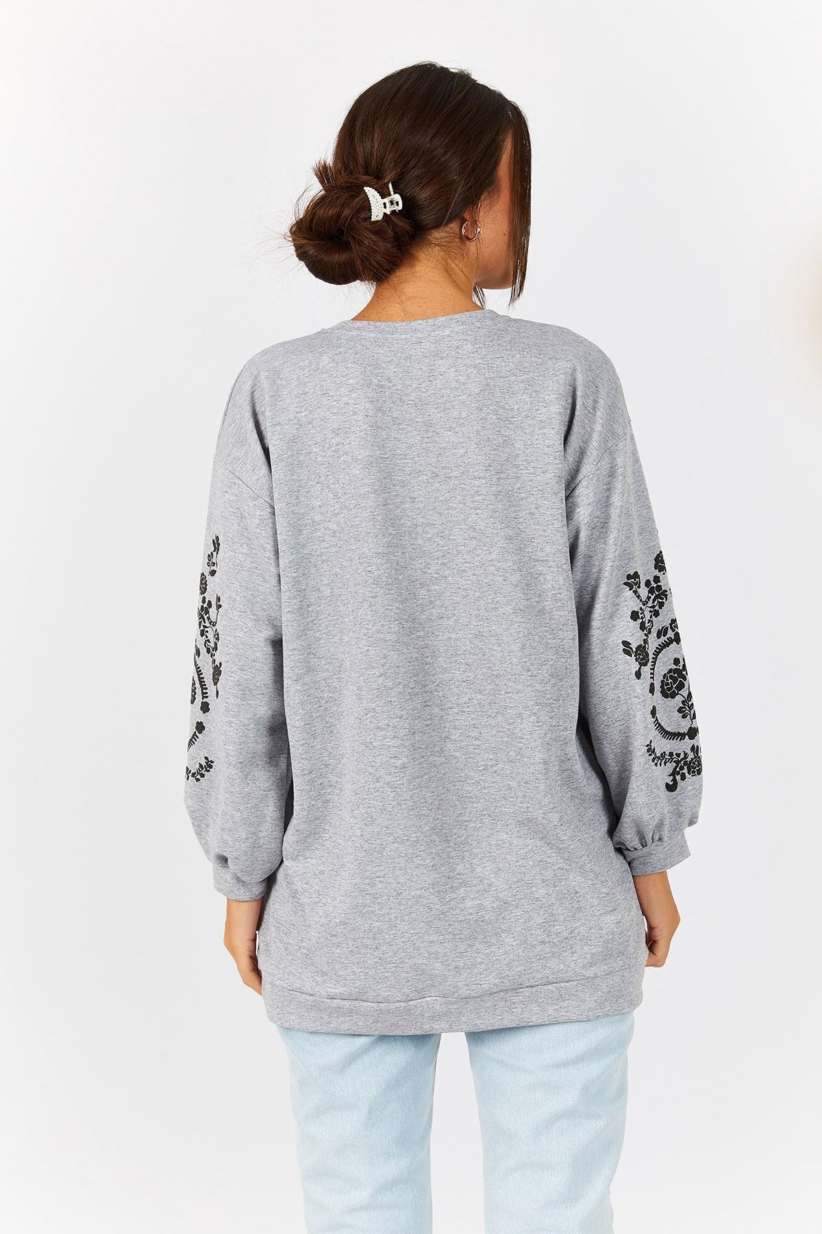 armonika-Women's Gray Melange Round Neck Sleeve Embossed Tunic ARM-21K024033 4