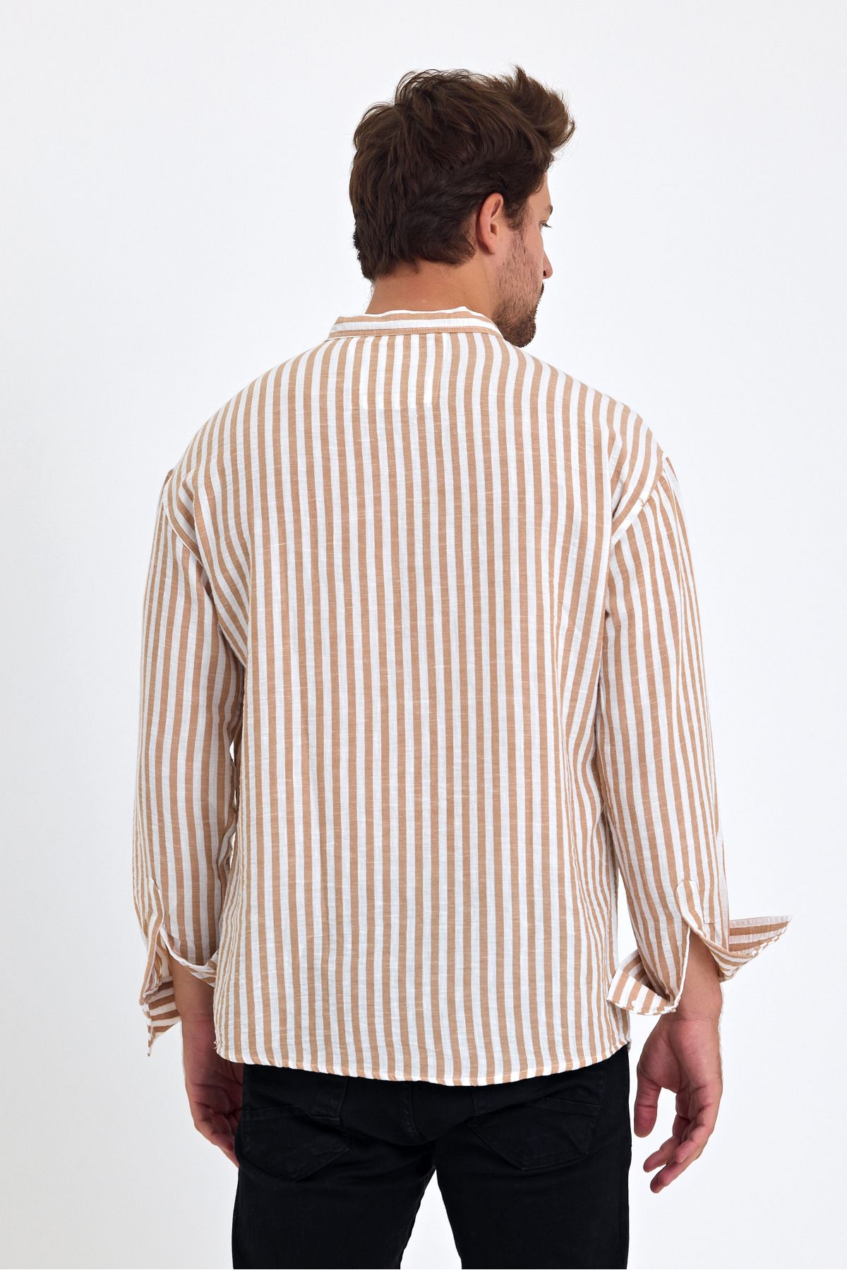 Tarz Cool-Linen Men's Shirt - Striped, High Collar, Three Buttons 5