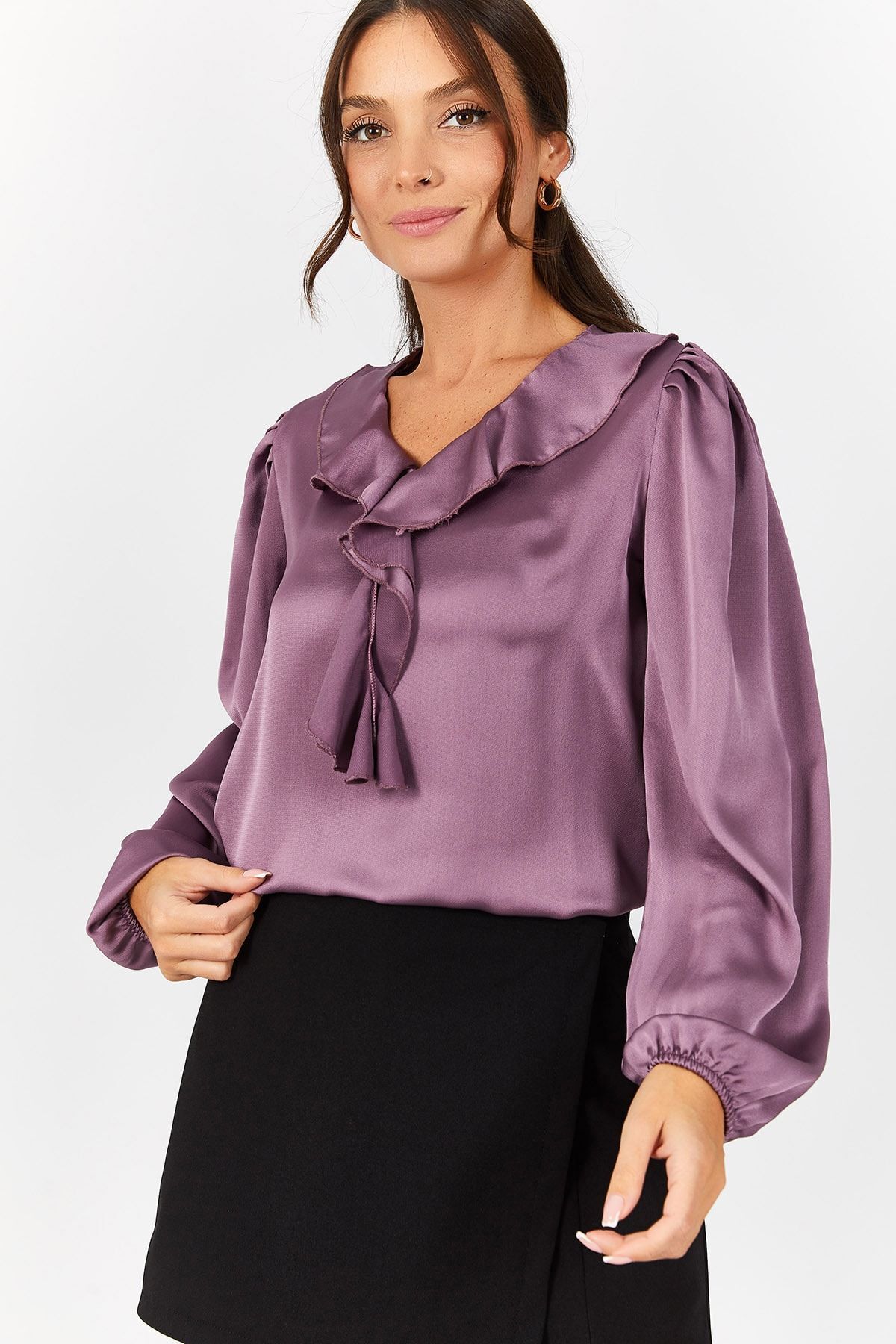 Women's Purple Collar Ruffled Shoulder Shirred Sleeve Elastic Cotton Satin Blouse ARM-22K001059