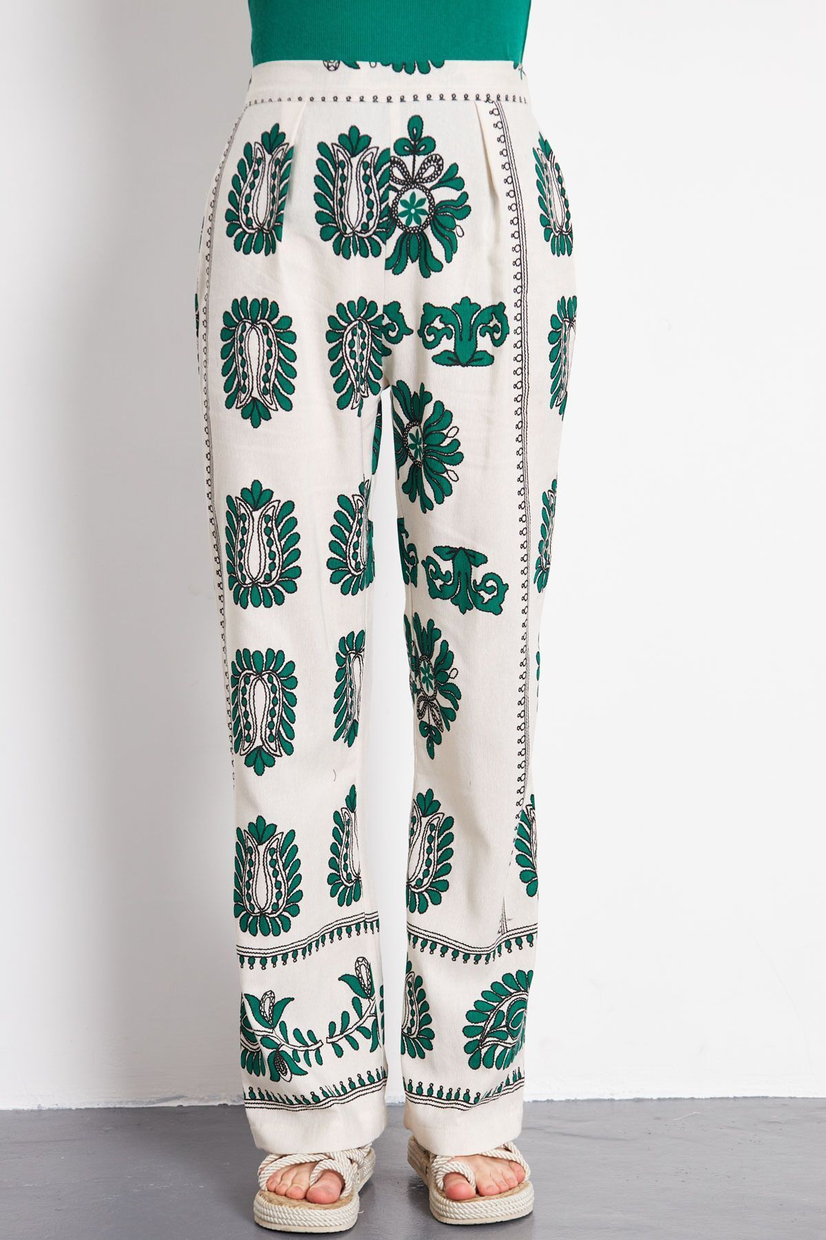 armonika-Emerald Patterned Linen Palazzo Trousers - Pockets, ARM-24Y001069 3