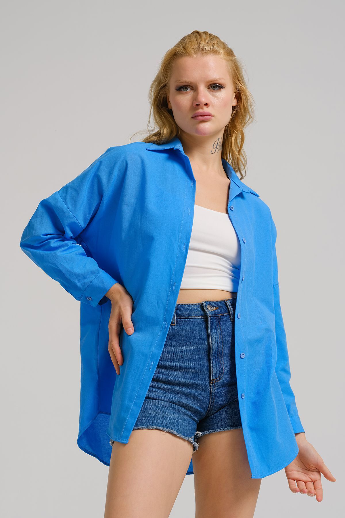 Women's Blue Oversize Long Basic Shirt ARM-22Y001118