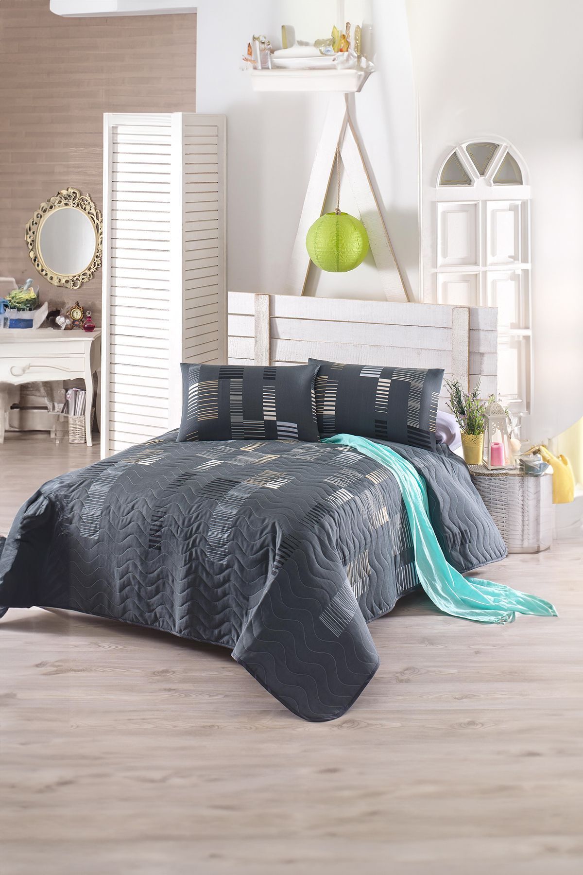 Eponj Home-Double Quilted Bedspread Set Trace Anthracite 3