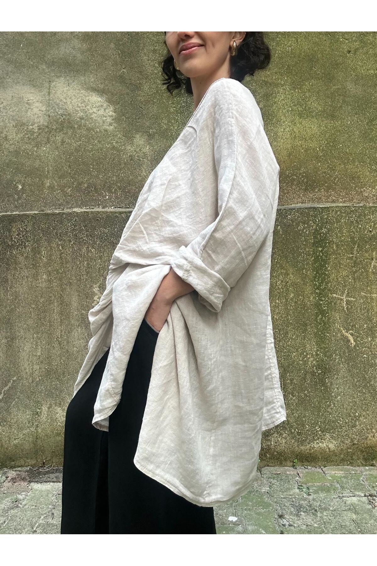 soBasic-Cream Colored Asymmetrical Cut Loose Tunic Shawl Dress - STD 5