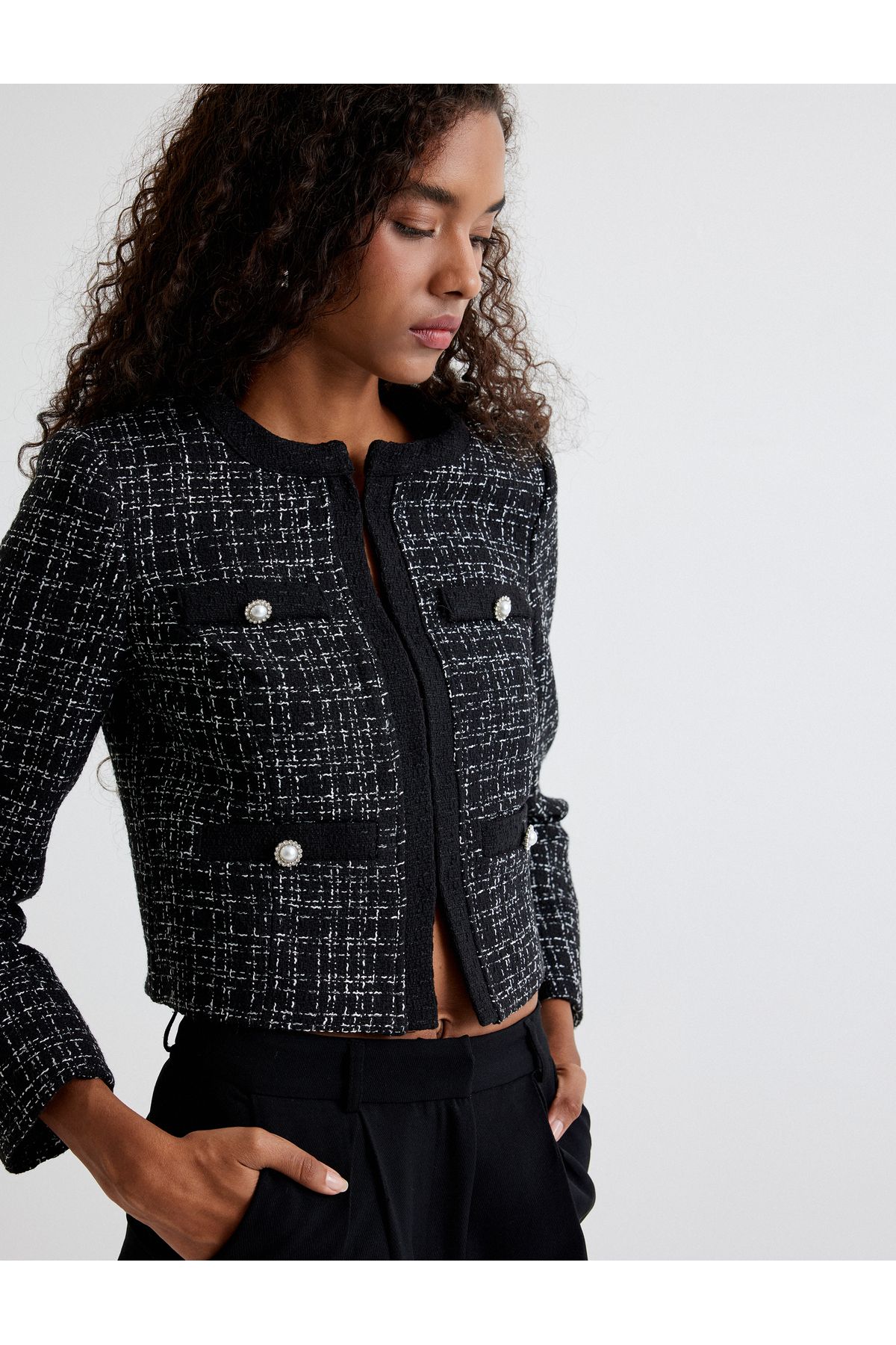 ژاکت Tweed با جیب نازک یقه گرد و با جزئیات گشاد
