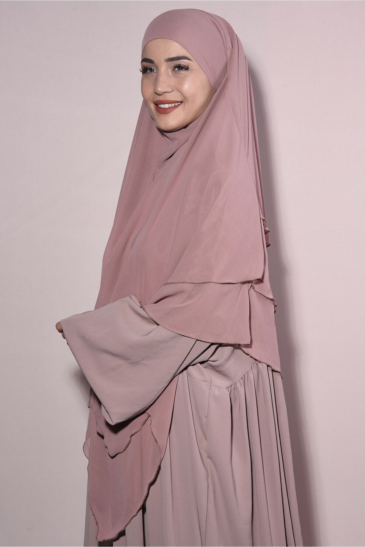 Tek Tesettür Giyim-Ready-made Souffle with Chiffon Veil Three-Layer Light Mink 2