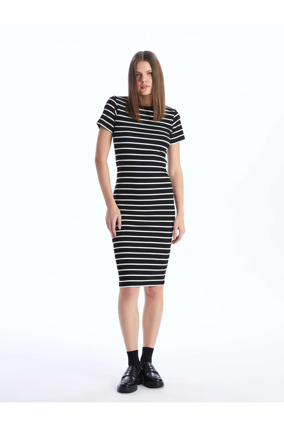 Bisiklet Yaka Çizgili Kısa Kollu Kadın Bodycon Elbise