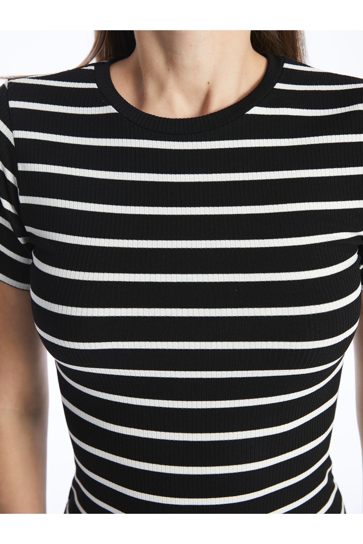 Bisiklet Yaka Çizgili Kısa Kollu Kadın Bodycon Elbise