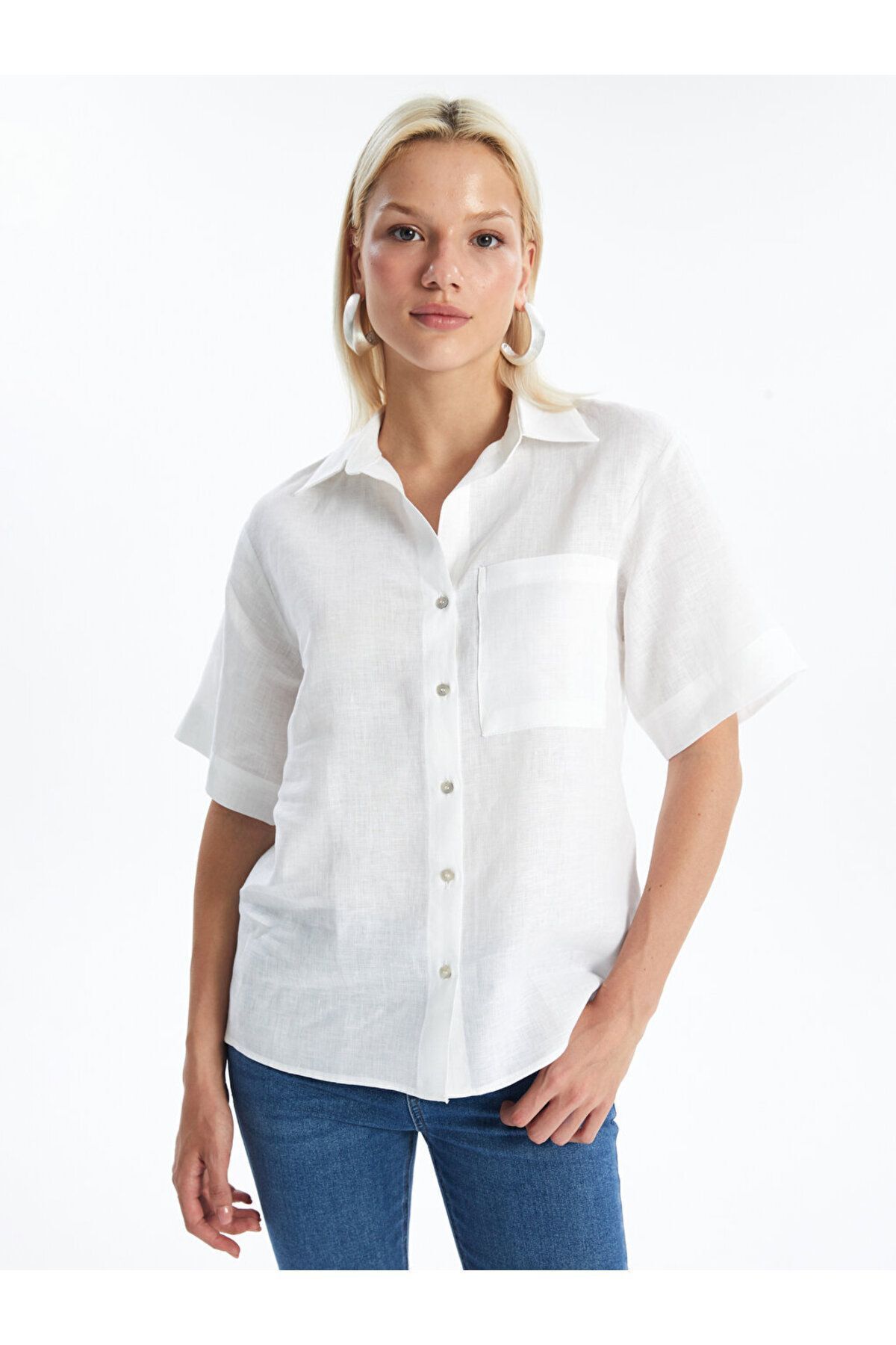 LC Waikiki Koszula Damska Oversize Z Lnu - Jednolity Krótki Rękaw Kobieta - S