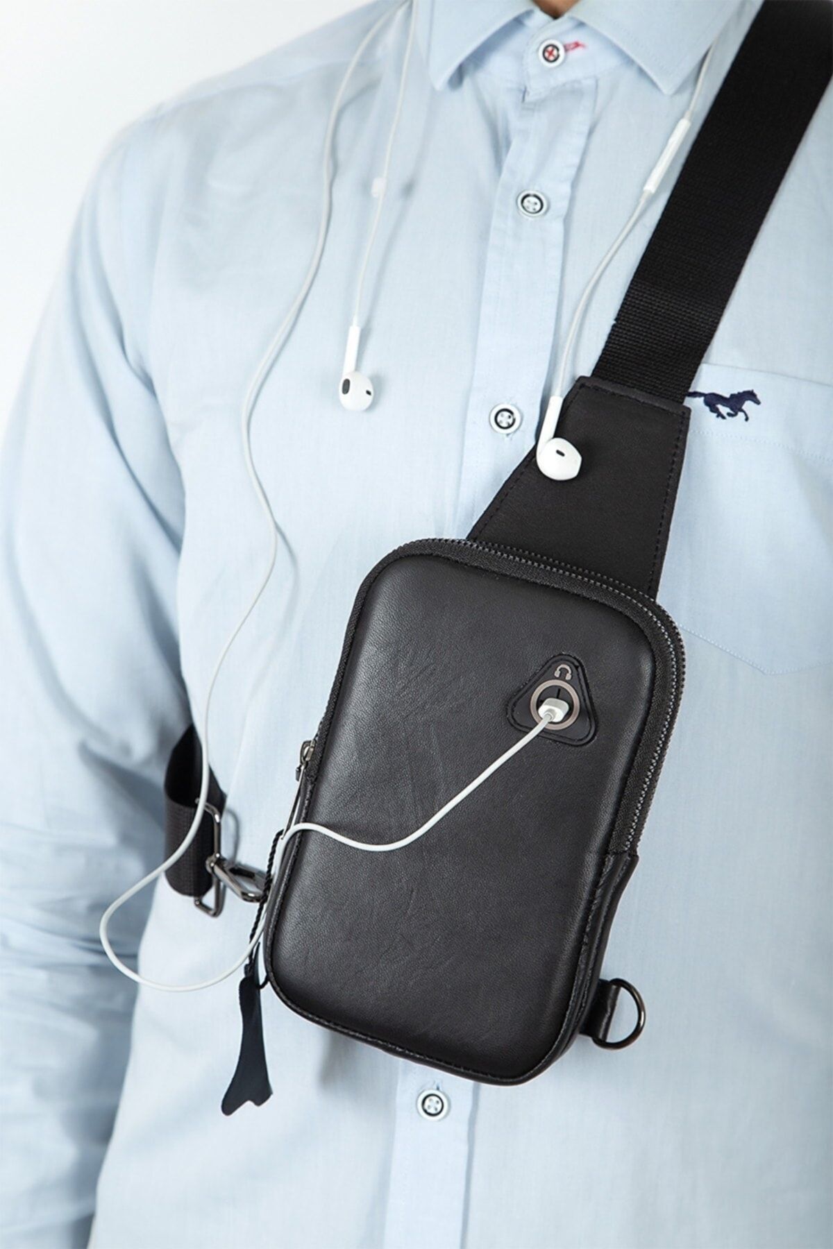 NEWISH POLO ACCESSORIES Newish Polo Kulaklık Çıkışlı Hakiki Deri Telefon Bölmeli Çapraz Omuz Çantası görsel 5