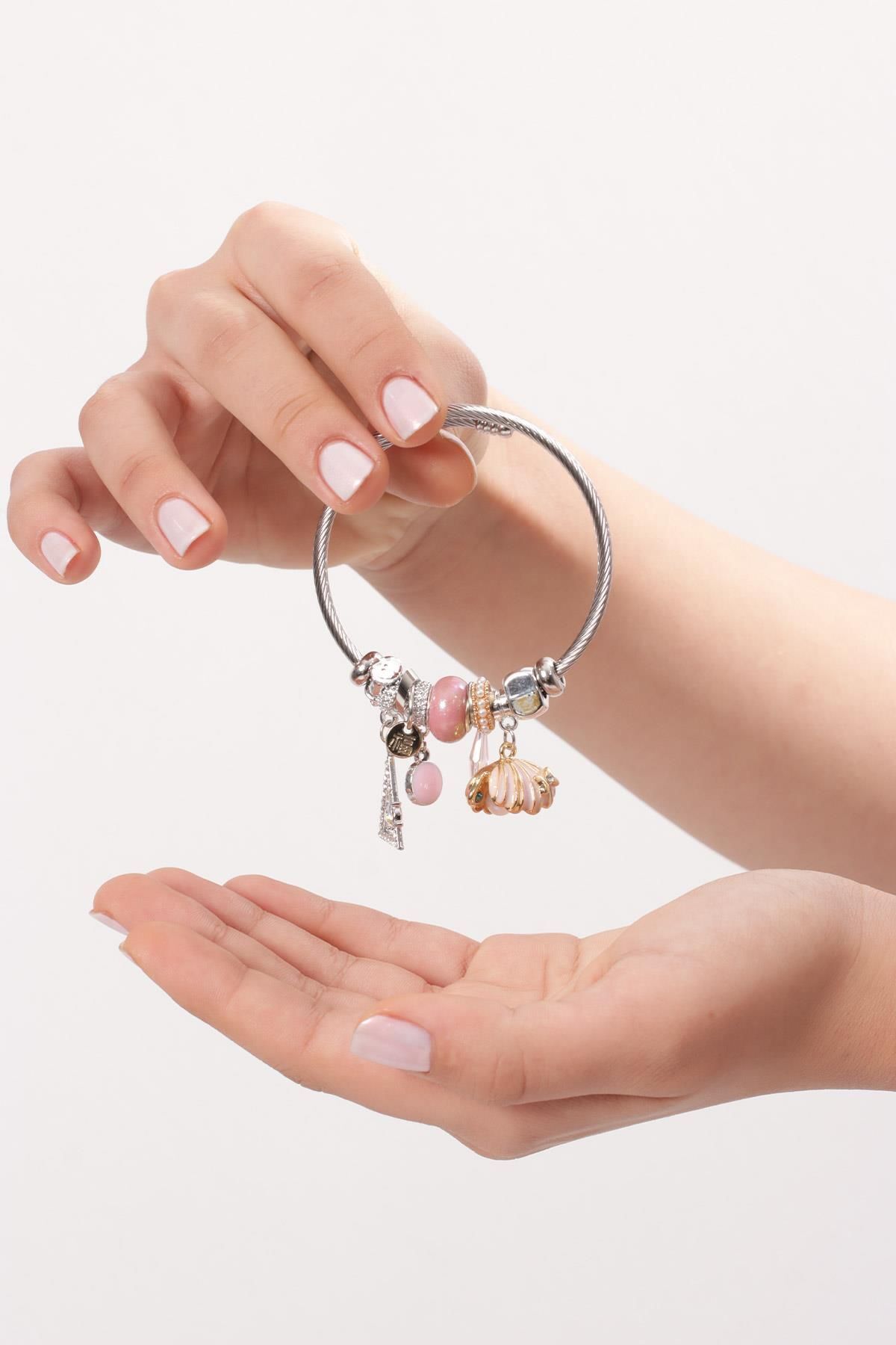 Pikas-Steel Charm Bracelet Pink 5