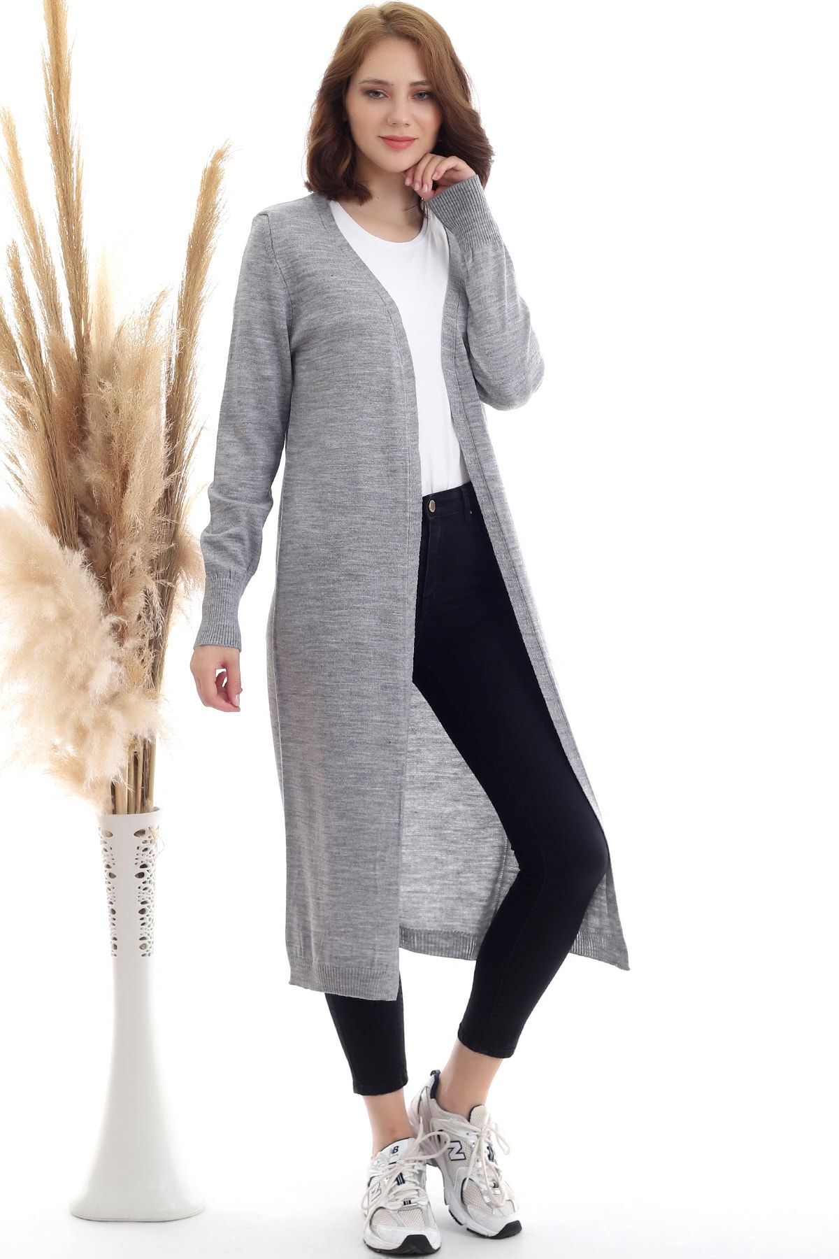 Devinka  Kadın Gri Uzun Triko Hırka - Görsel 4