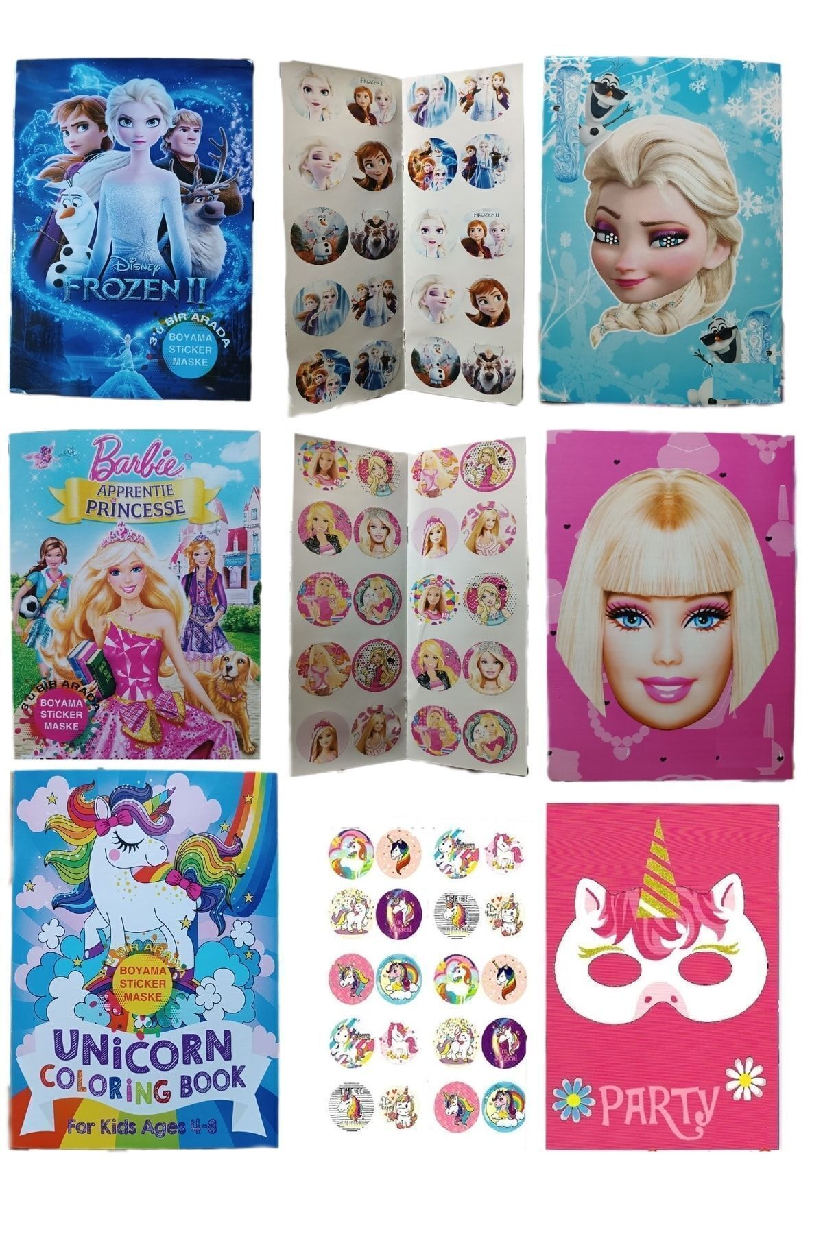 LRS STORE 3 Lü Kız Çocuk Boyama Kitabı Frozen - Barbi- Unicorn Temalı Sticker ve Maskeli Kitap