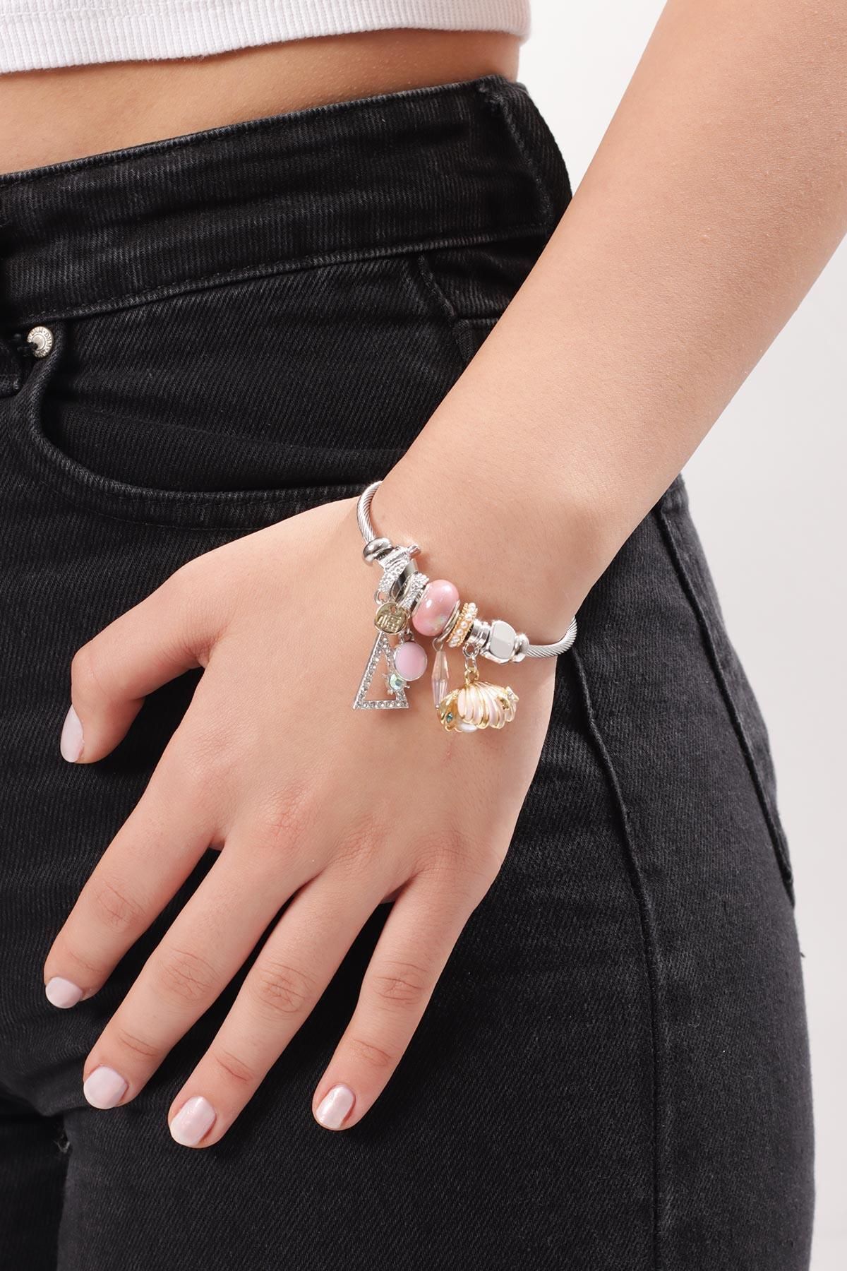 Pikas-Steel Charm Bracelet Pink 3