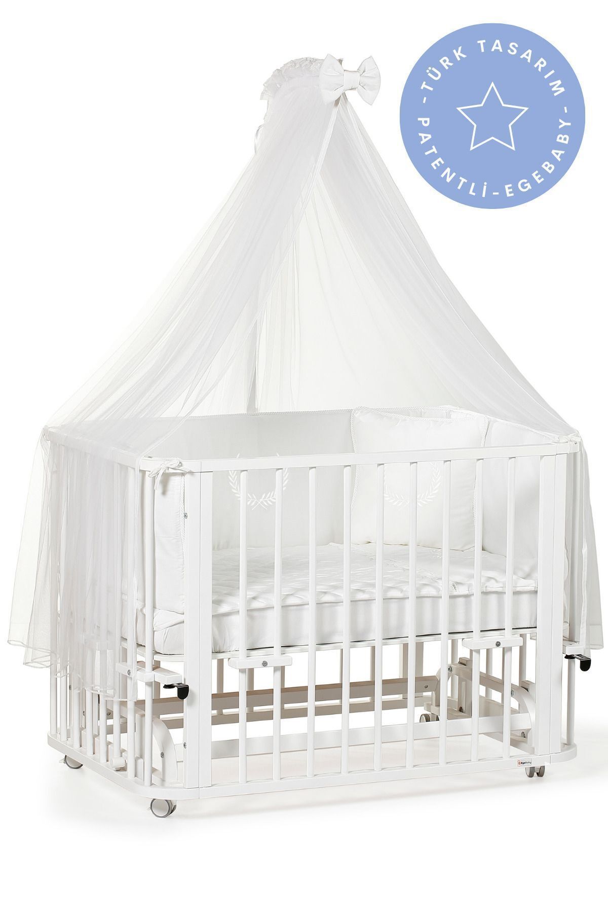 EGEBABY Beyaz Ahşap 4in1 Beşik Takım (BL) 70 X 110-anneyanı, Karyola, Oyun Parkı, Montessori Junior Yatak