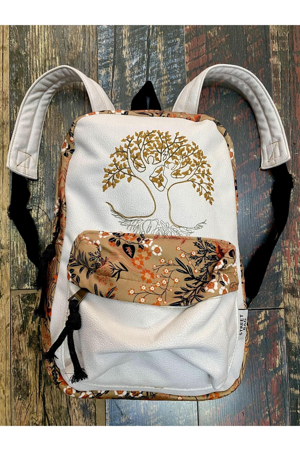 Street Bag Ethnic Authentic Patterned Tree of Life Embroidered Backpack Waterproof Daily Travel Use