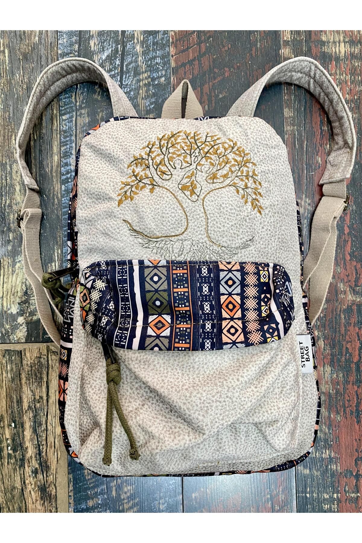 Street Bag Ethnic Patterned Embroidered Tree of Life Backpack Waterproof Daily Travel Use