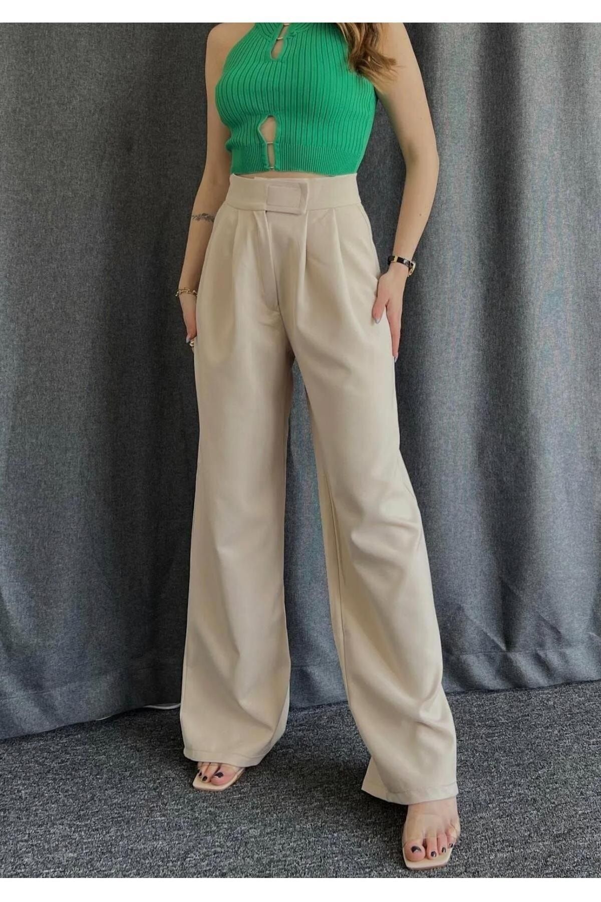 LAMİRA-Neva Hook and Loop Closure High Waist Beige Palazzo 3