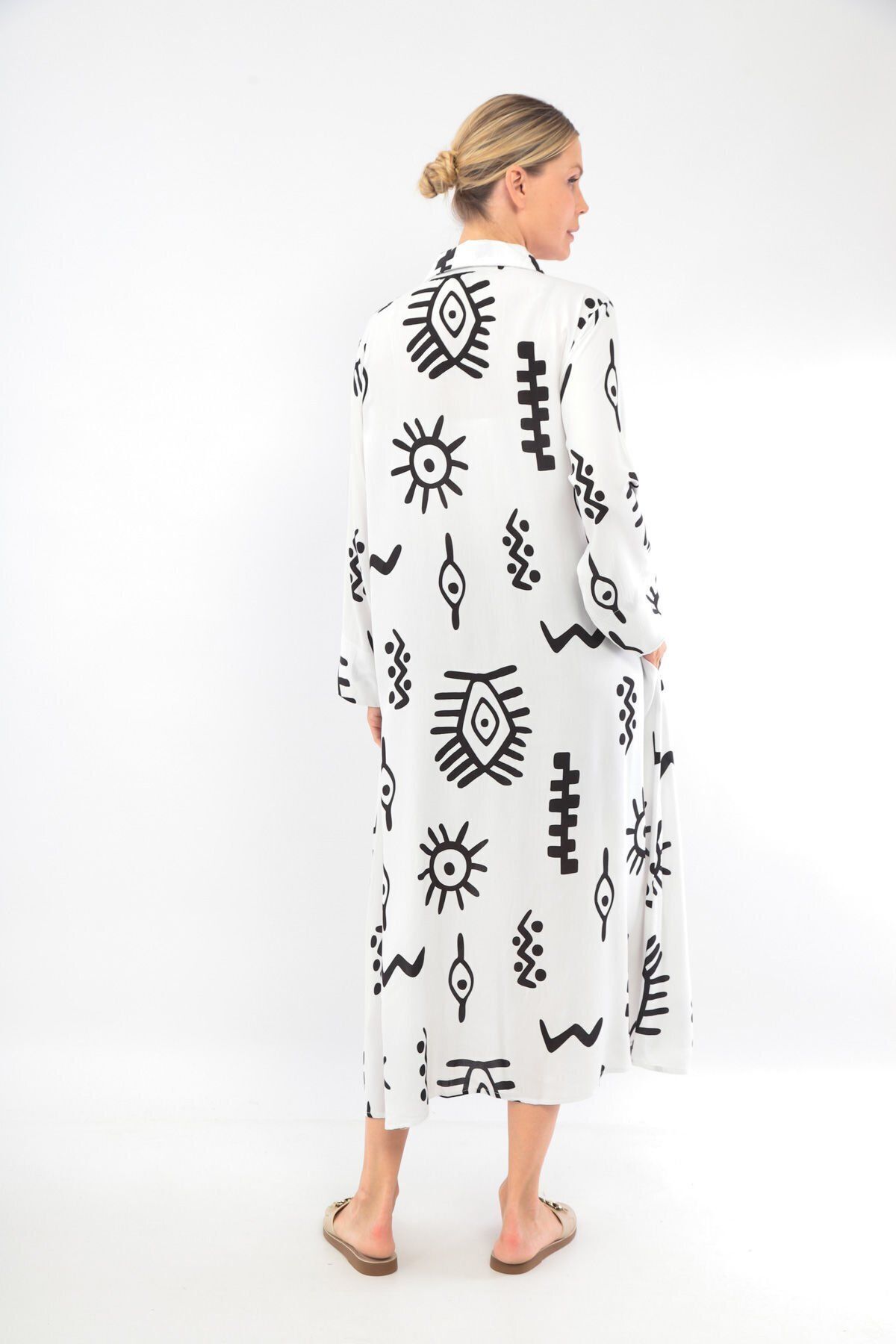soBasic-White Viscose Shirt Dress - 100% Cotton, Patterned, Buttoned Front and Slit - Std 8