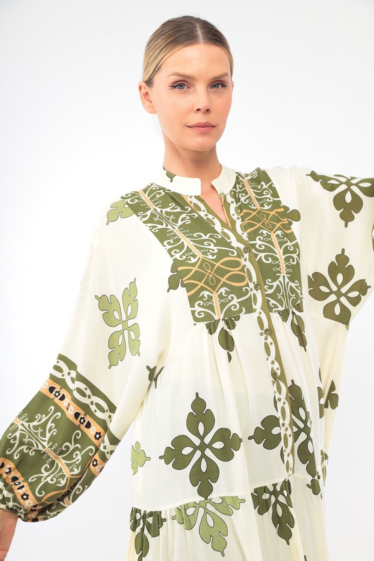 soBasic-Πράσινο Oversize Judge γιακά μακρυμάνικο φόρεμα βαμβακερή βισκόζη με σχέδιο - 100% χαλαρό 4
