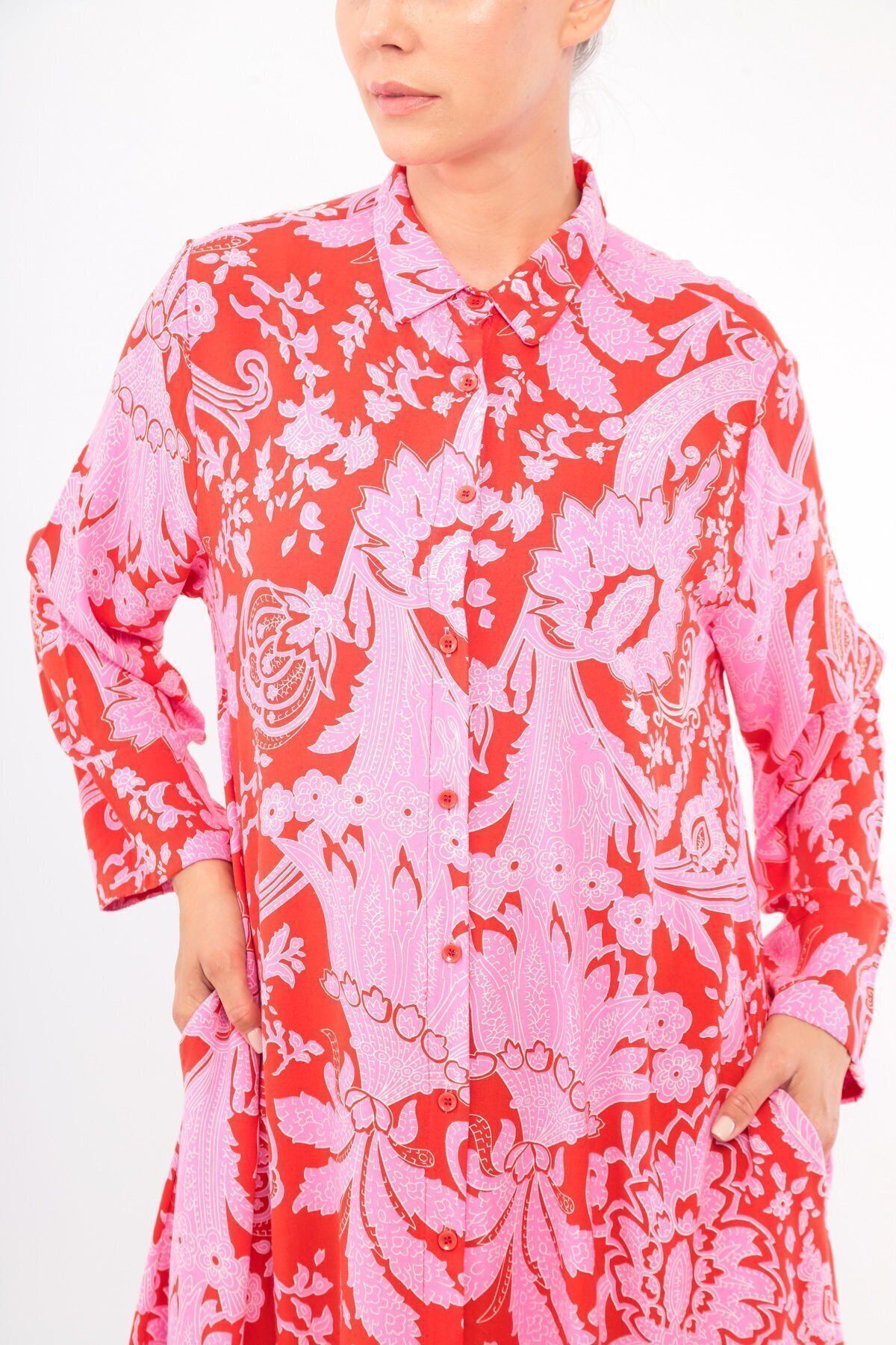 soBasic-Red Viscose Shirt Dress - Patterned, Buttoned Front, Pocket and Slit Detail, 100% Cotton - Std 4