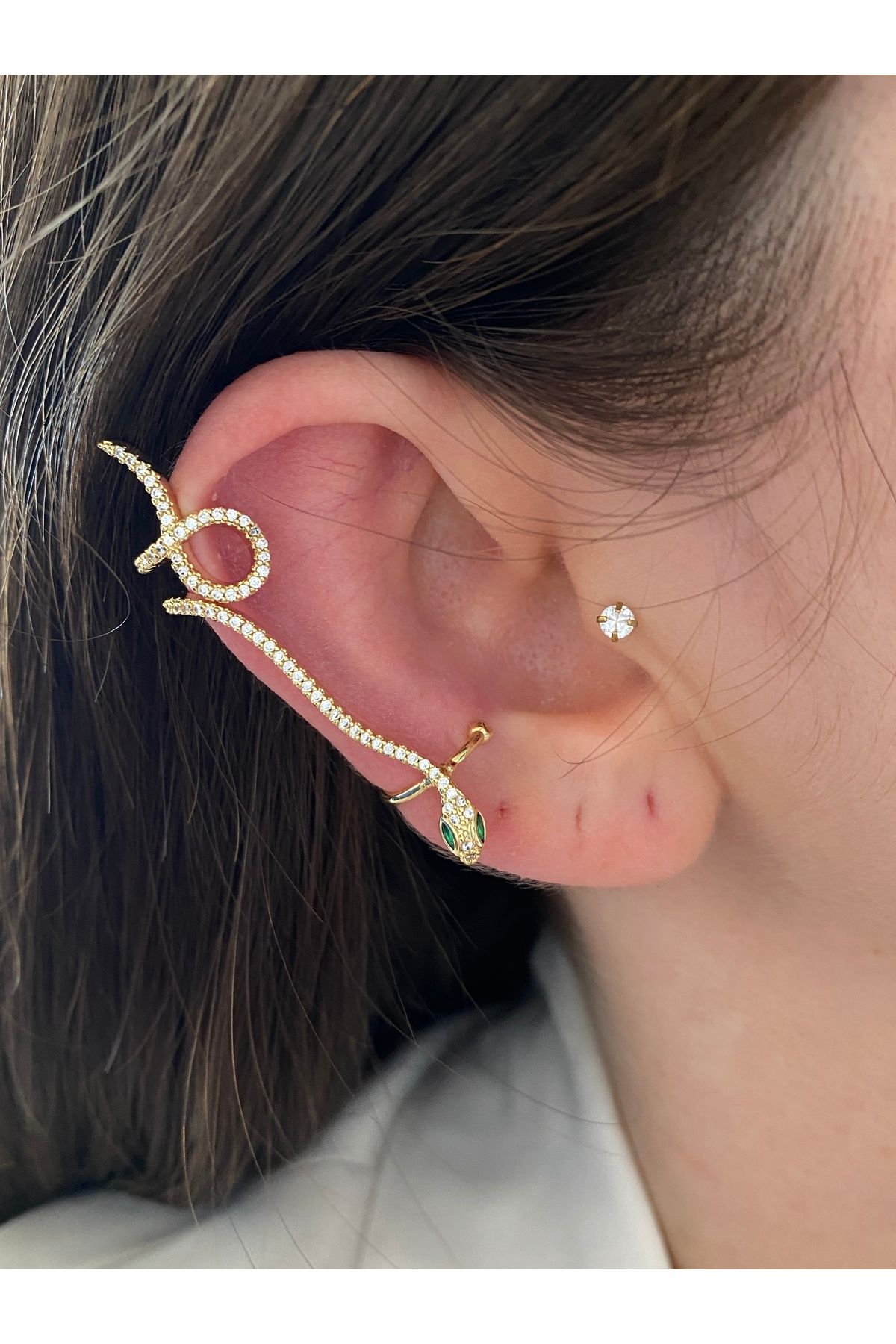 Pinery Jewels-Emerald Stone Snake Brass Overlay Plated Women's Earcuff Cartilage Earrings 4