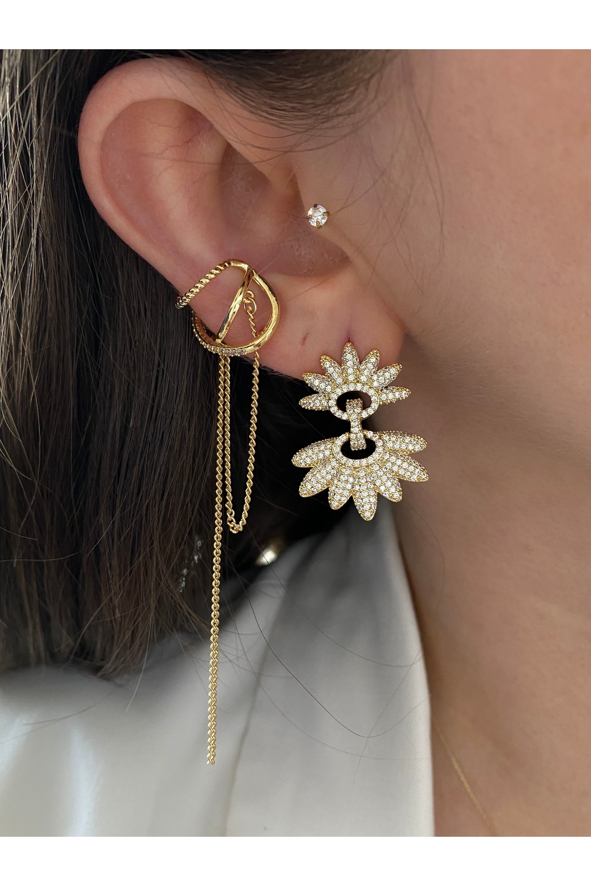 Sallantılı Zirkon Taşlı Pirinç Üzeri Kaplama Kaplama Kadın Earcuff Kıkırdak Küpe 3