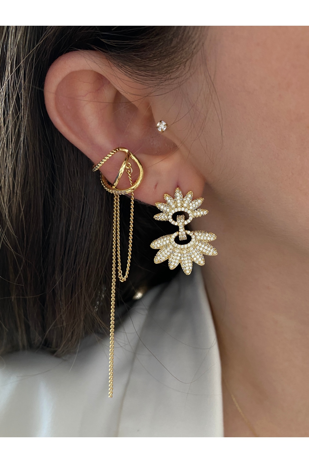 Sallantılı Zirkon Taşlı Pirinç Üzeri Kaplama Kaplama Kadın Earcuff Kıkırdak Küpe 5