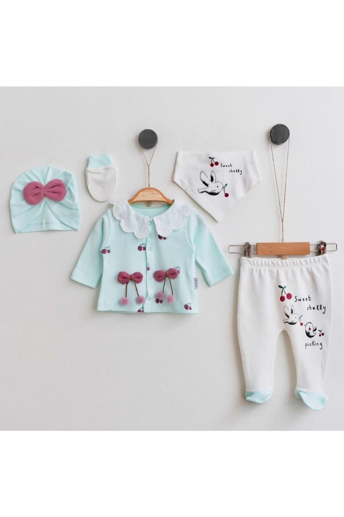 Cherub Baby Kirazlı %100 Pamuk Yenidoğan Kız Bebek 5 Parça Hastane Çıkışı Zıbın Seti fotoğrafı 3 (önizleme)