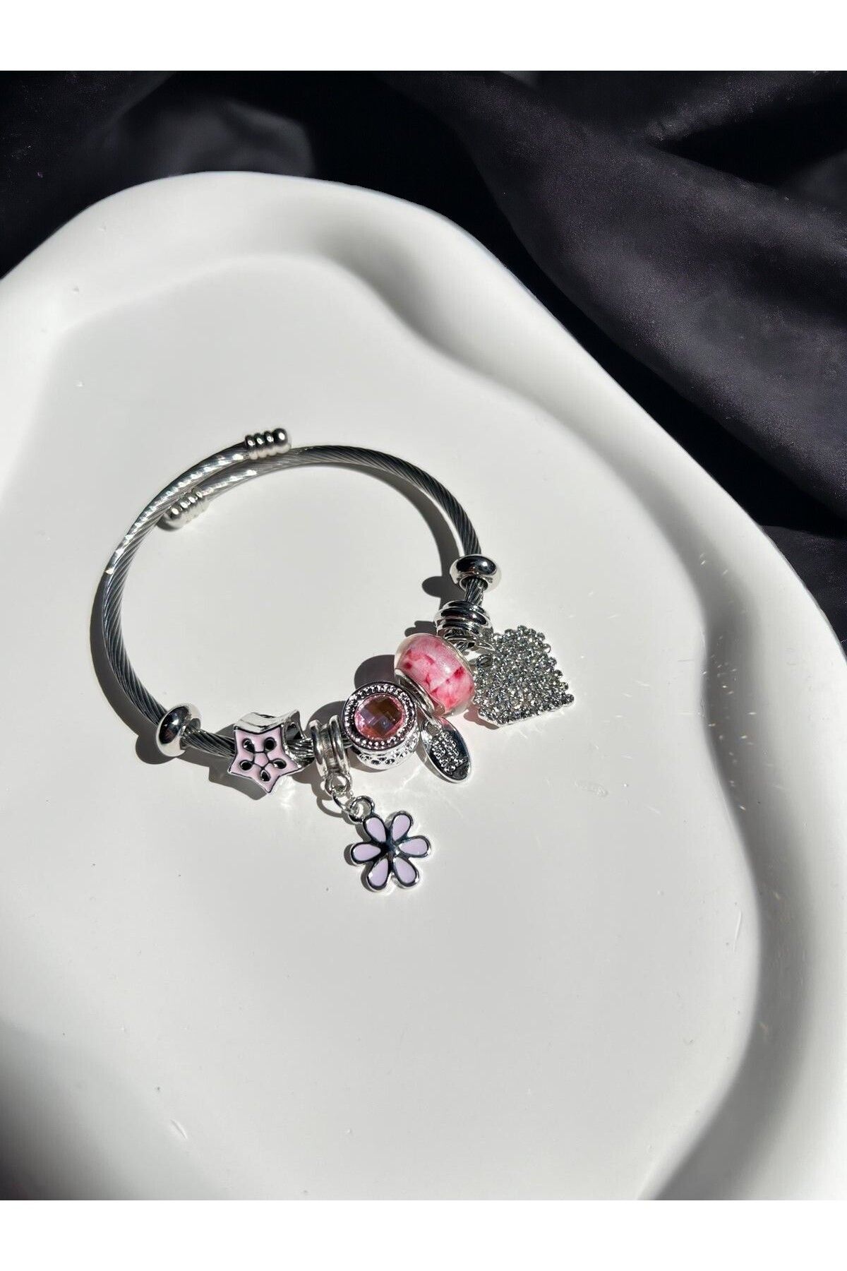 MUTENA-Pink Flower Patterned - Heart and Star Charm Bracelet with Accessory 3