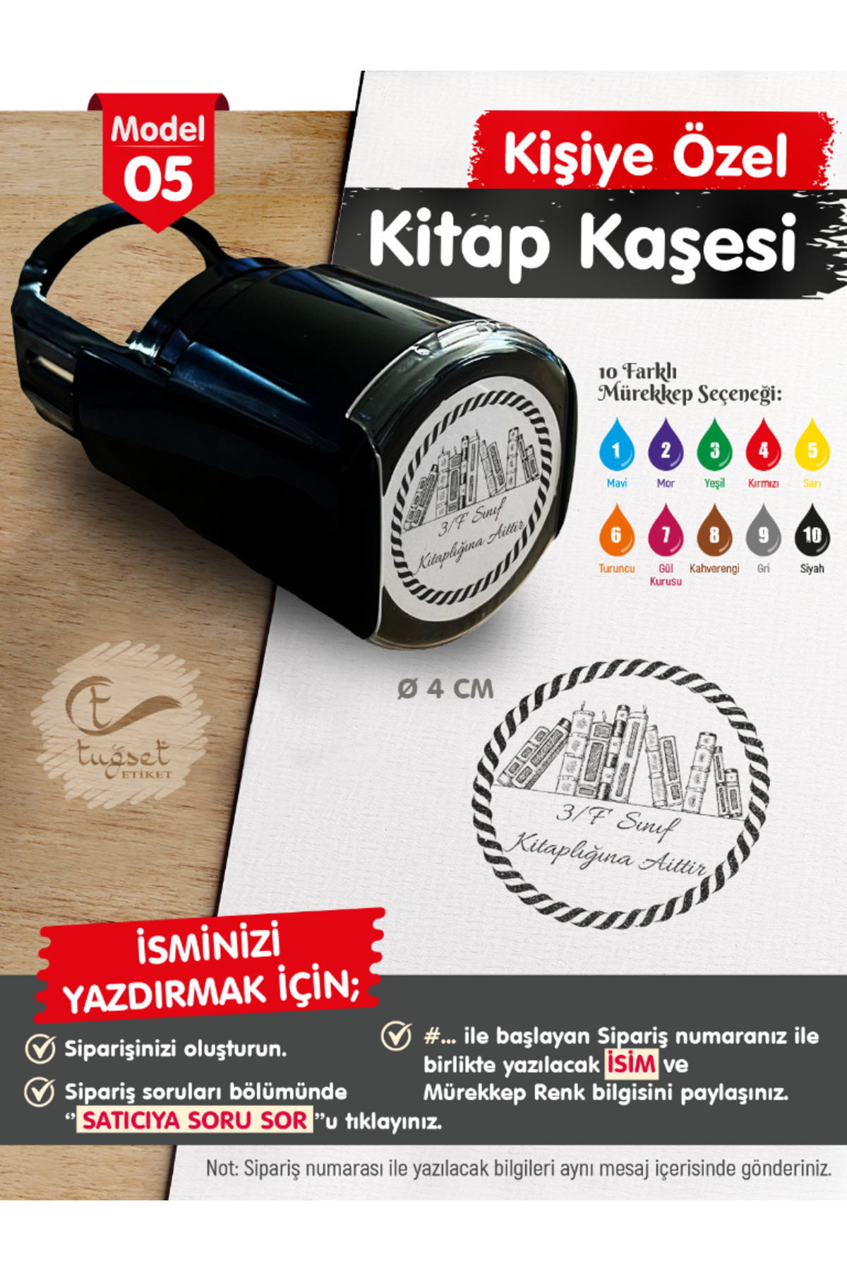 t tuğset etiket Kişiye Özel İsim Yazılı Kitap Kaşesi - İsme Özel Kitap Mühürü M5-T648