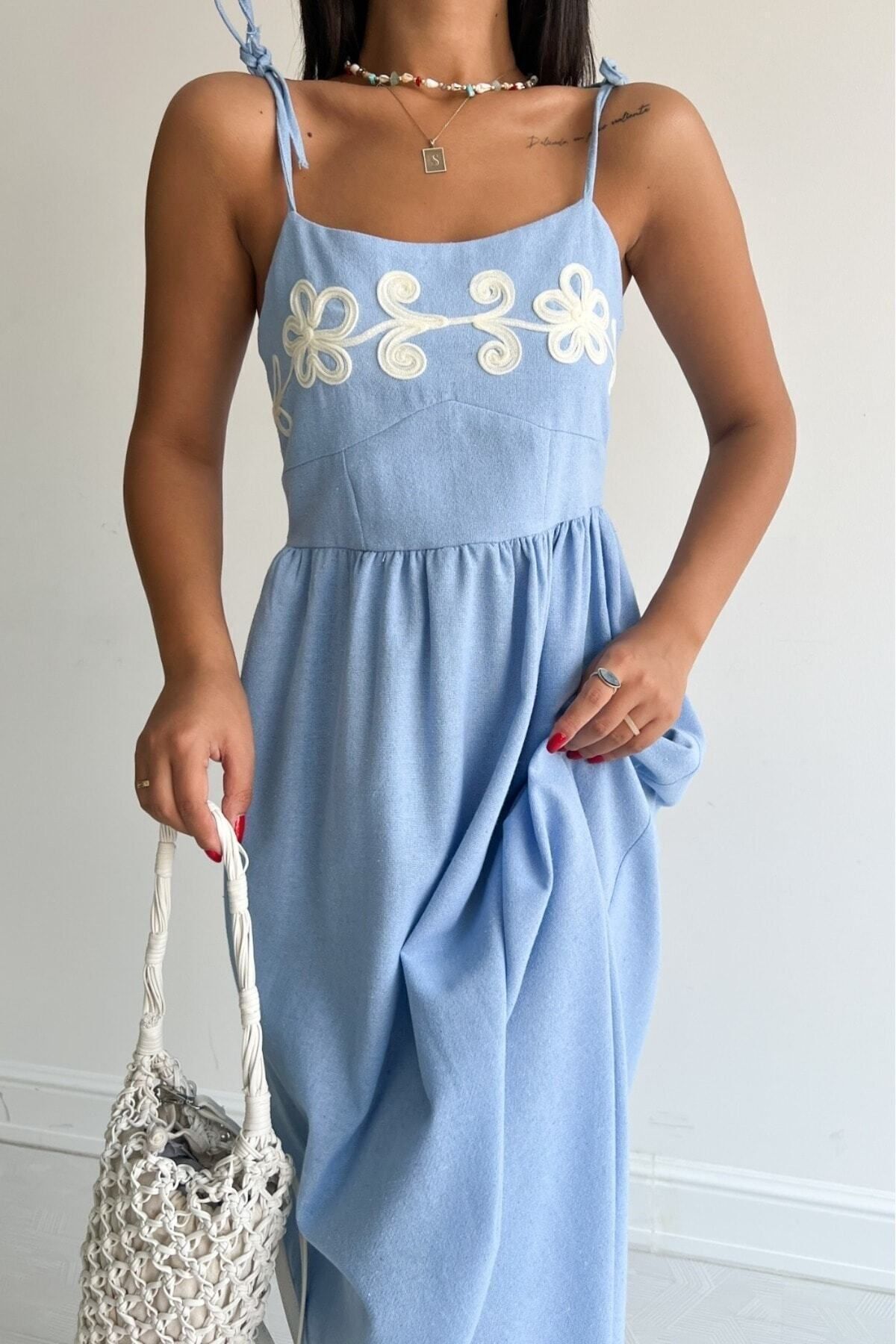 Women's Embroidery Detailed Strappy Linen Dress Blue
