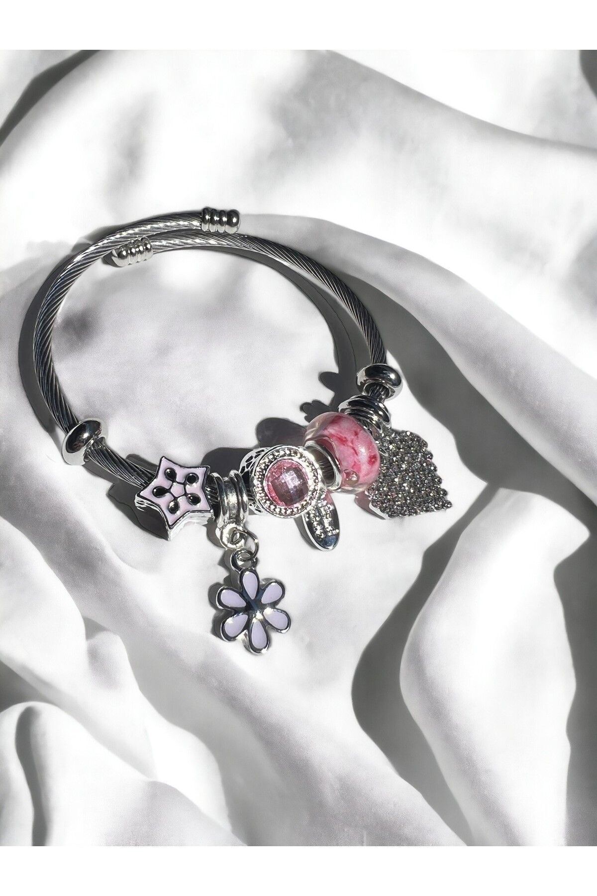 MUTENA-Pink Flower Patterned - Heart and Star Charm Bracelet with Accessory 2