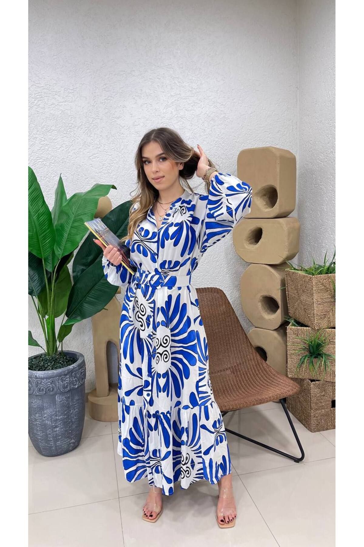 ROBE LONGUE À ENCOLURE V À MOTIFS AVEC LIENS - Görsel 2