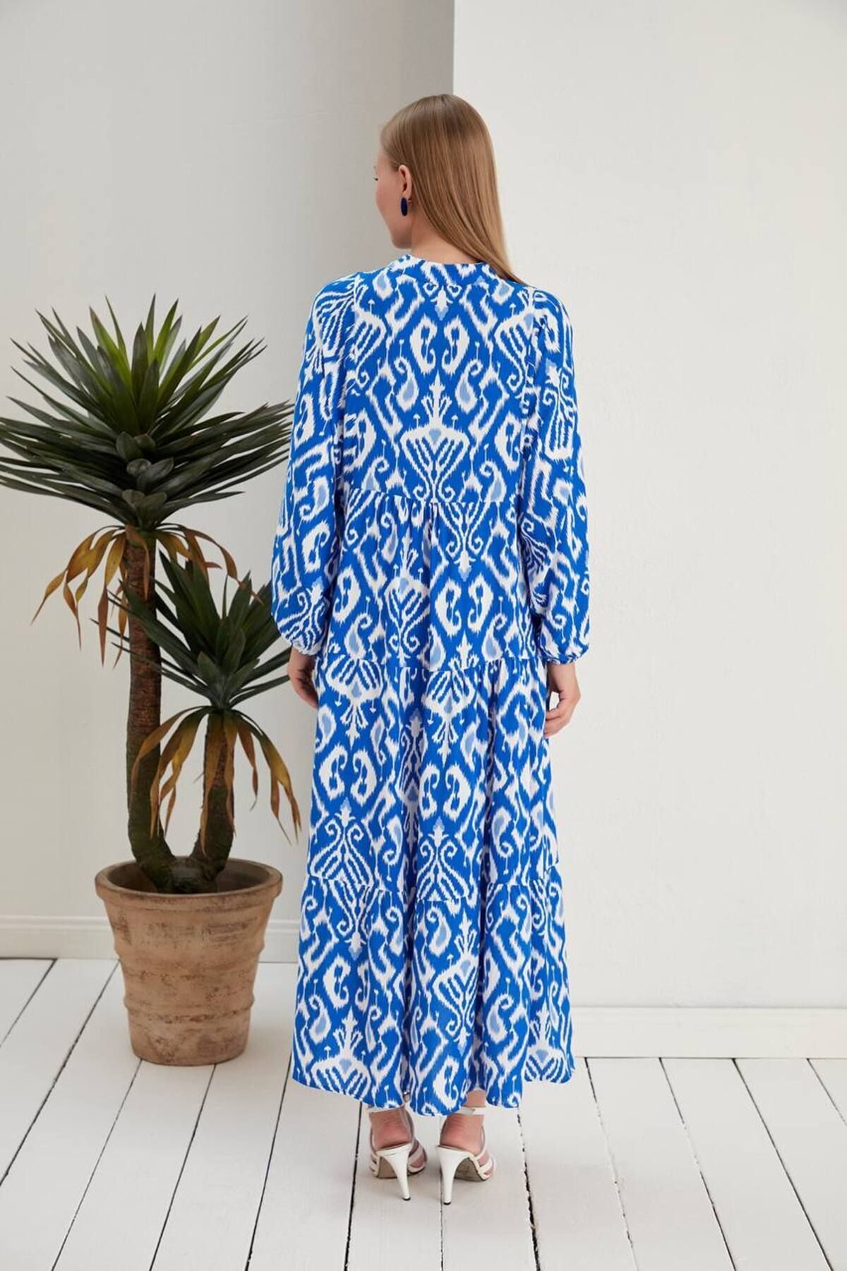 Blue Viscose Mandarin Collar Long Modest Shirt Dress - Görsel 3