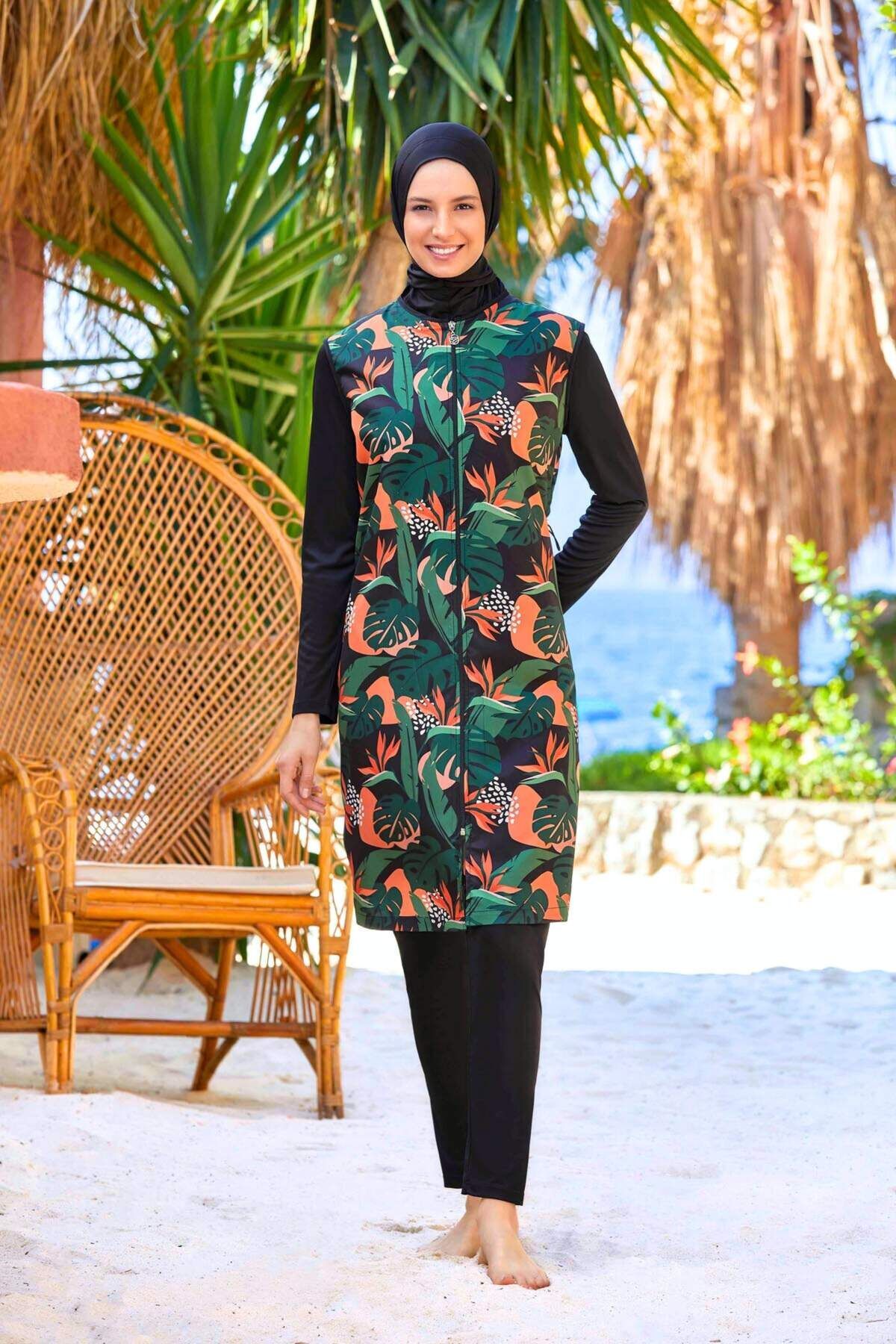 Rozamay Black Green Leaf Pattern Long Sleeve Zippered Full Closed Modest Swimsuit 9265