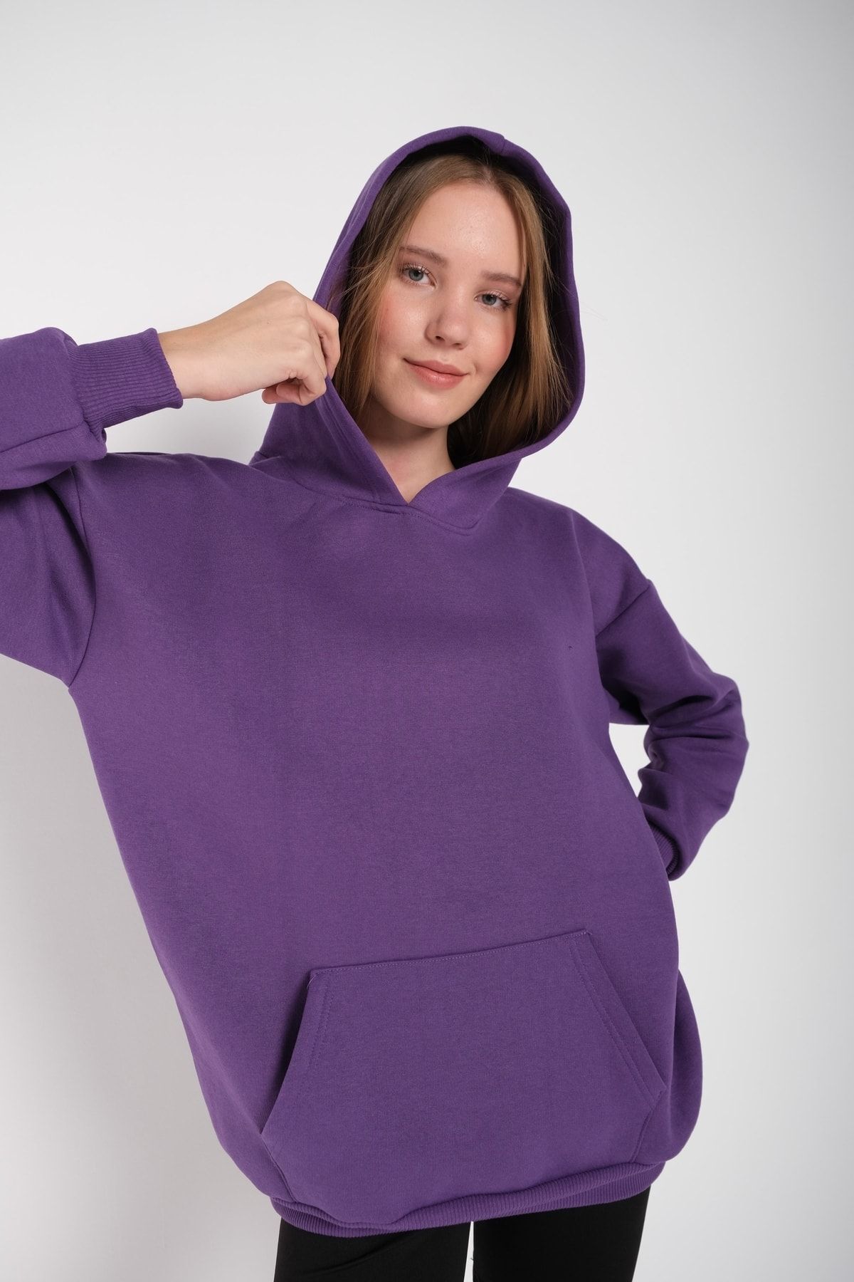 MODAGEN-Damska fioletowa bluza oversize z kapturem w jednolitym kolorze 6