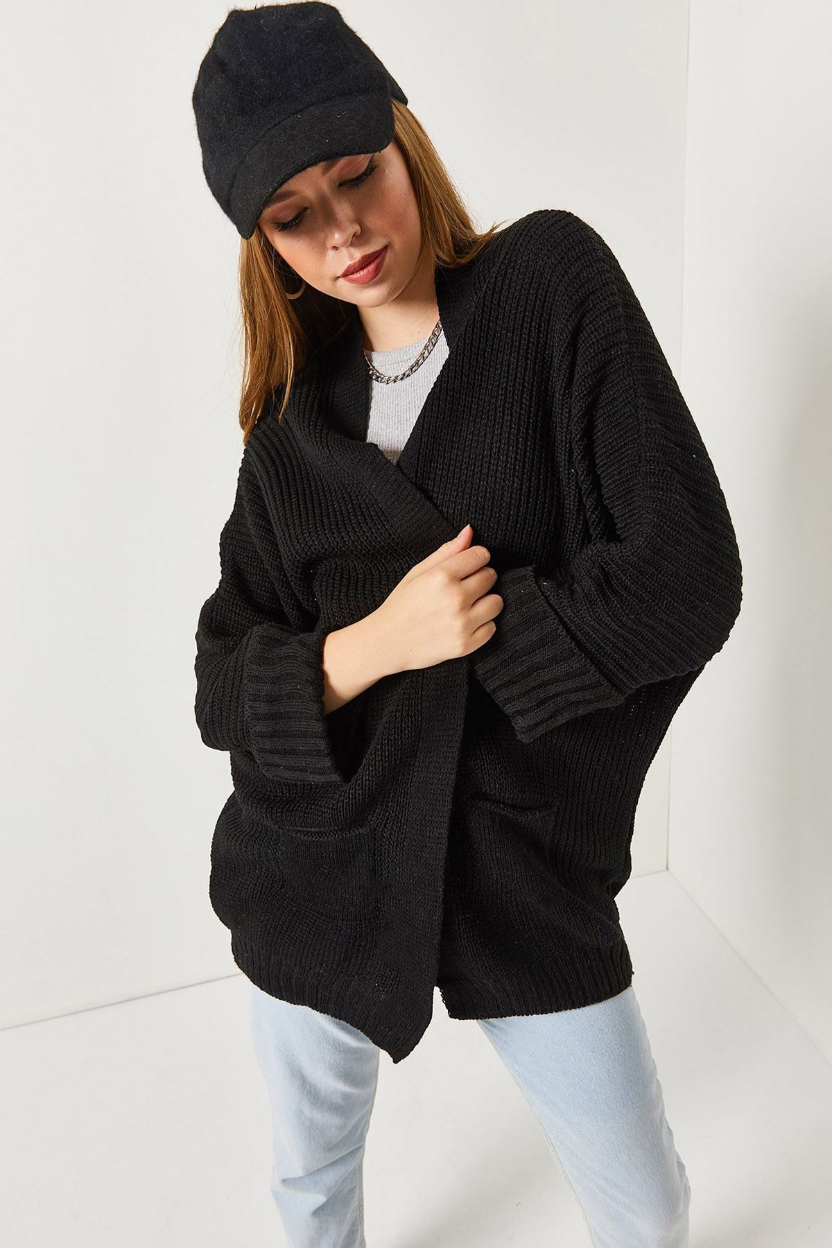 armonika  Kadın Siyah Selanik Örgü Cepli Duble Kol Triko Hırka ARM-22Y069012 - Görsel 4