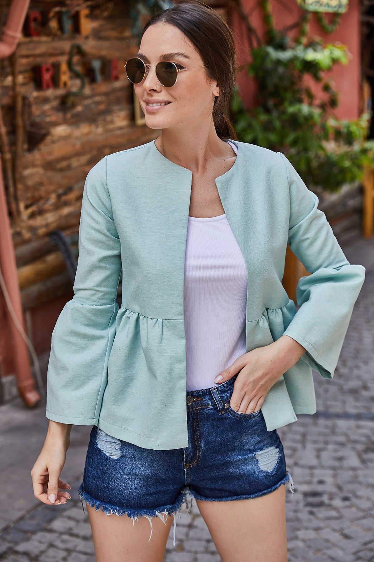 armonika Grüne Jacke Mit Geraffter Taille Und Ärmeln für Damen - M