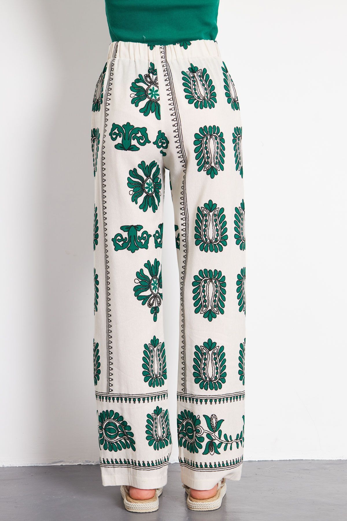 armonika-Emerald Patterned Linen Palazzo Trousers - Pockets, ARM-24Y001069 4