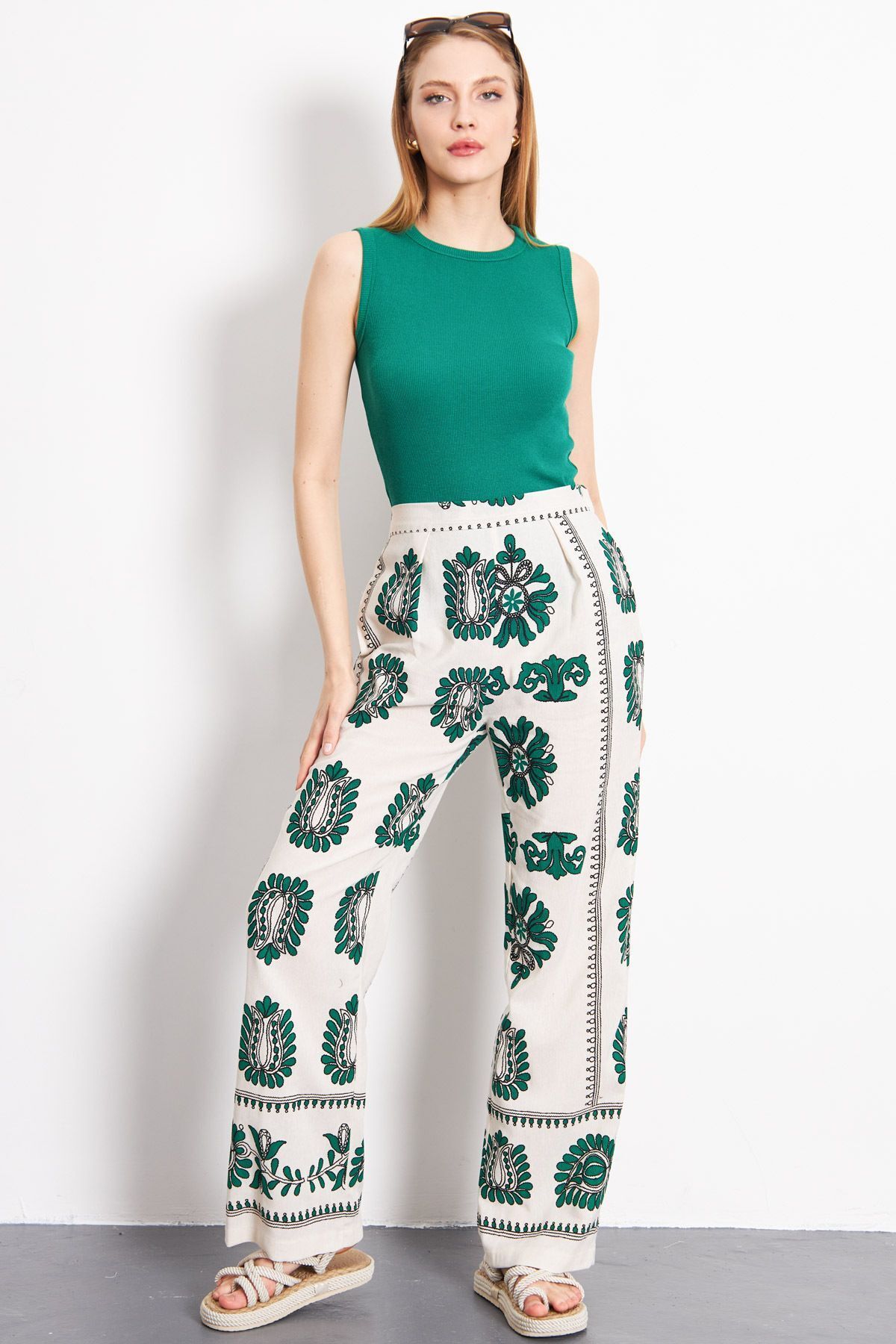 armonika-Emerald Patterned Linen Palazzo Trousers - Pockets, ARM-24Y001069 1