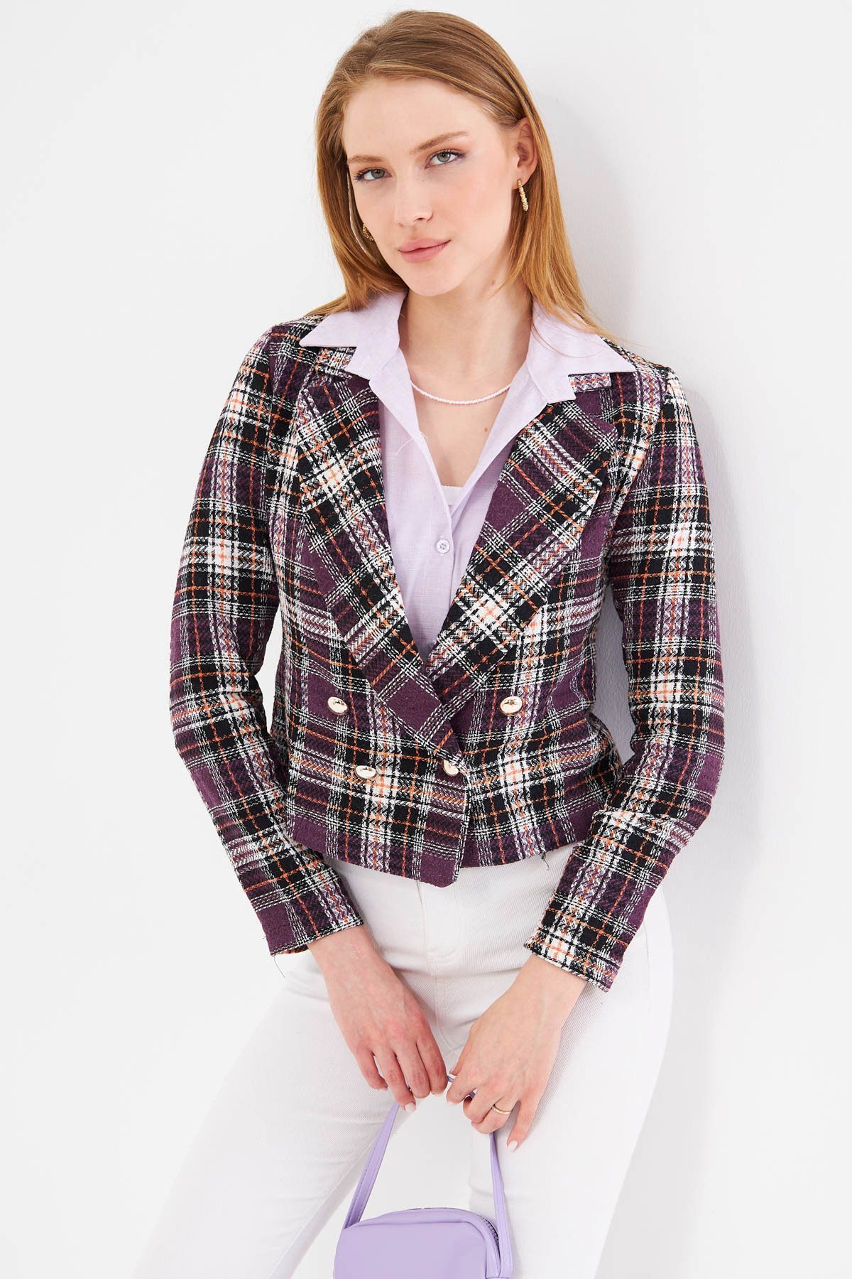 armonika Jachetă Din Tweed Cu Guler Dublu Mov Închis Pentru Femei Femeie - XL