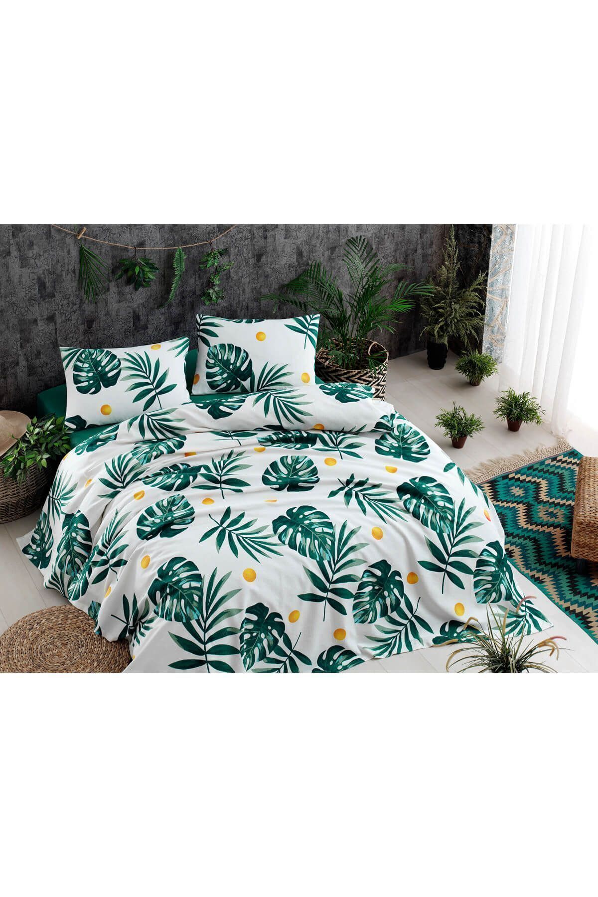 Çift Kişilik Baskılı Pike Takımı Monstera Yeşil 2