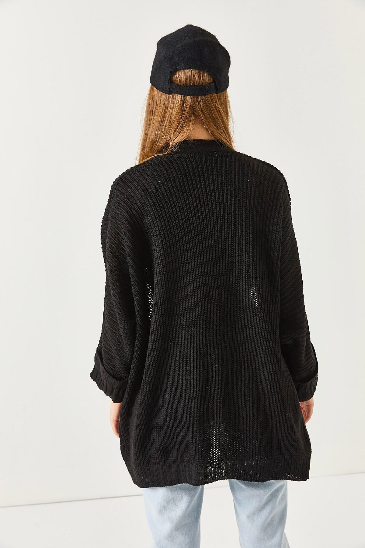 armonika  Kadın Siyah Selanik Örgü Cepli Duble Kol Triko Hırka ARM-22Y069012 - Görsel 5