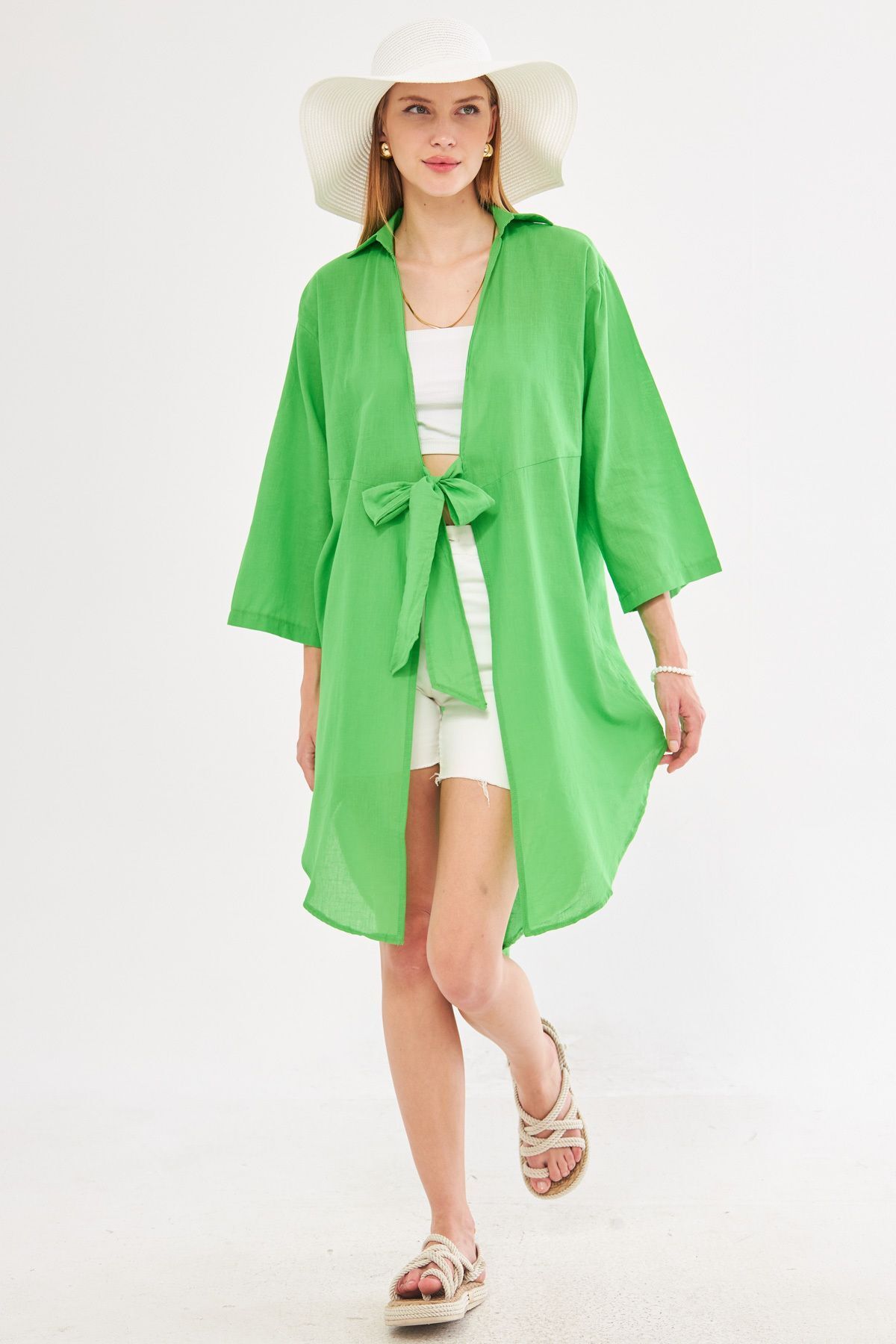 armonika Kadın Yeşil Önden Bağlamalı İnce Keten Kumaş Midi Boy Kimono Gömlek ARM-24Y001081