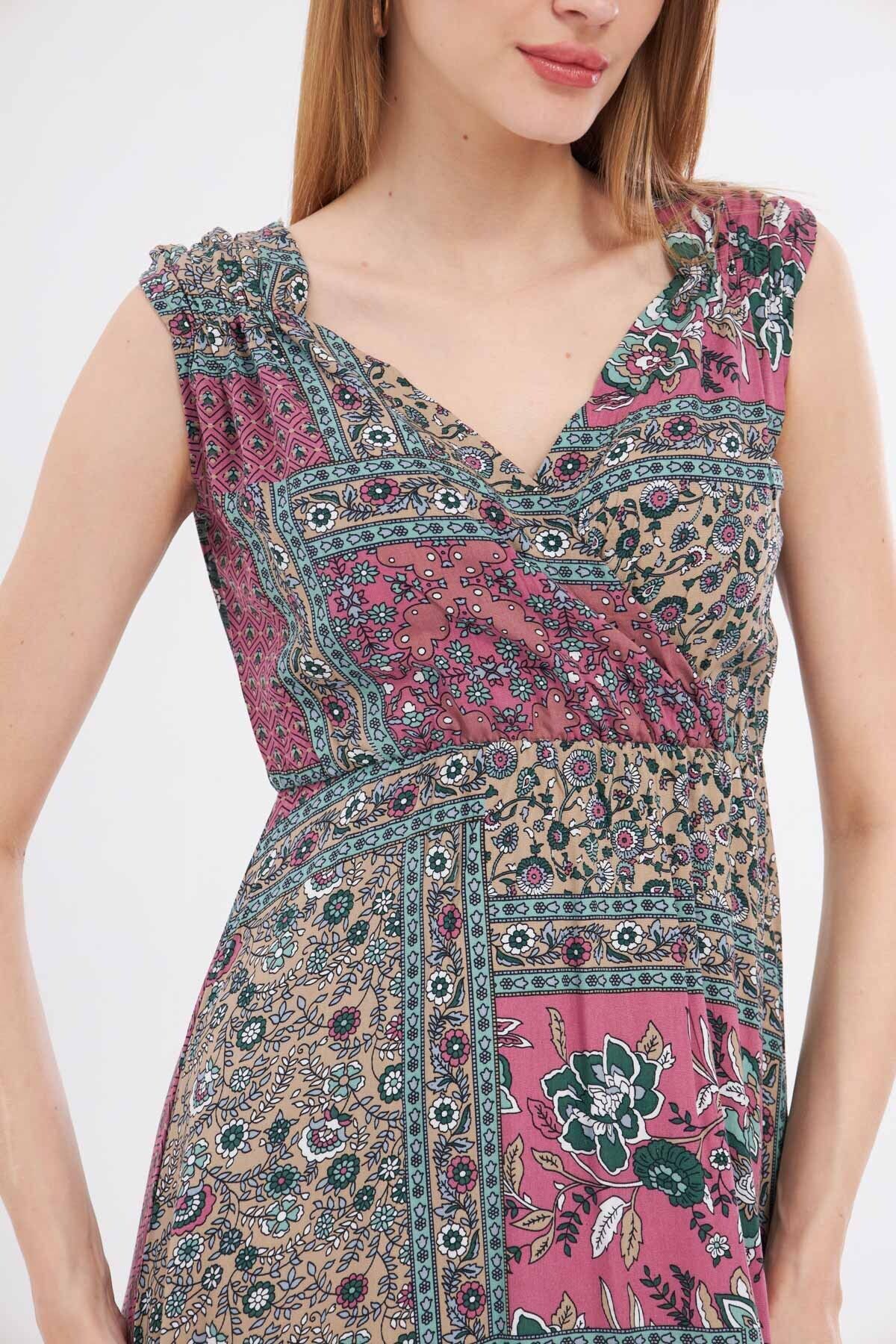 Kadın Vizon Desenli Beli Ve Omzu Lastikli Kruvaze Yaka Midi Boy Elbise ARM-24Y001052