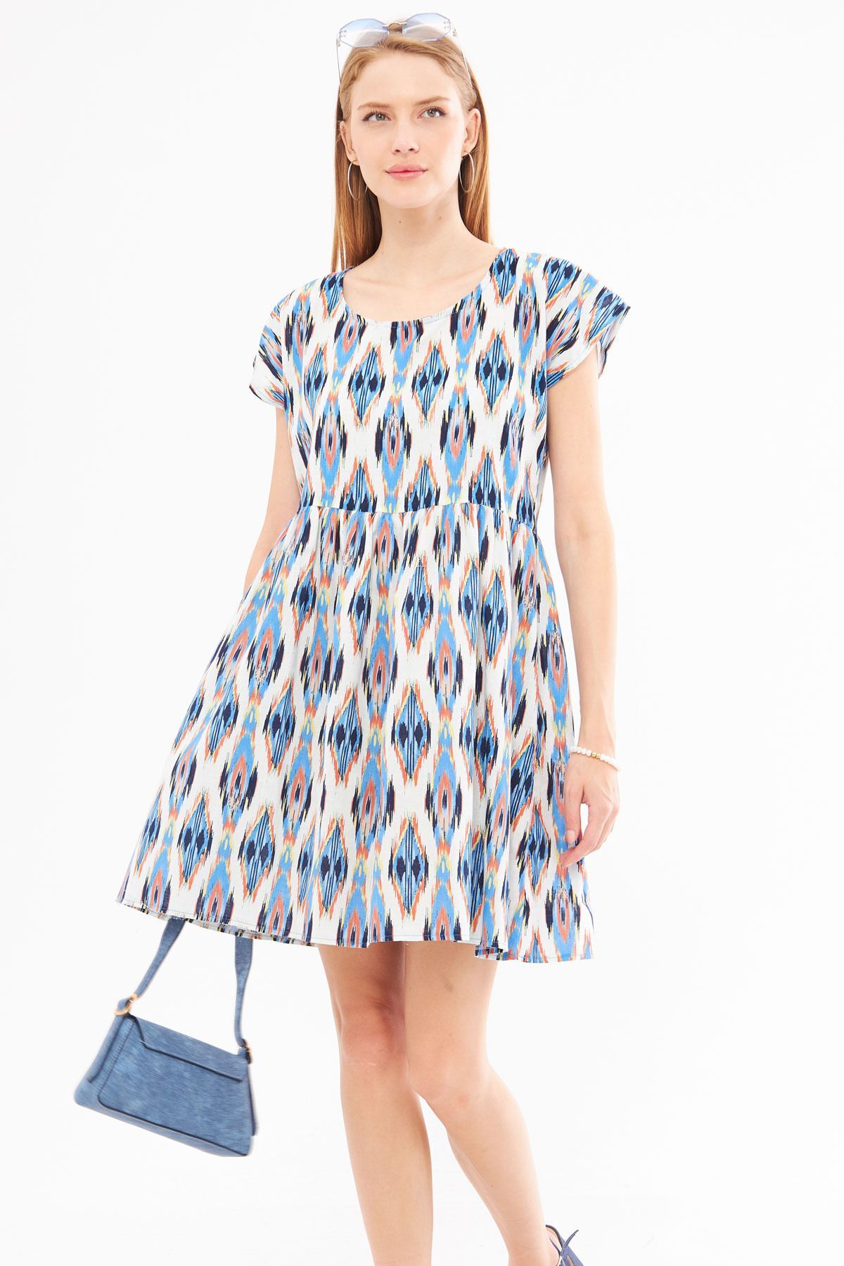 Women's Blue Ethnic Patterned Shirred Waist Mini Dress ARM-24Y001082