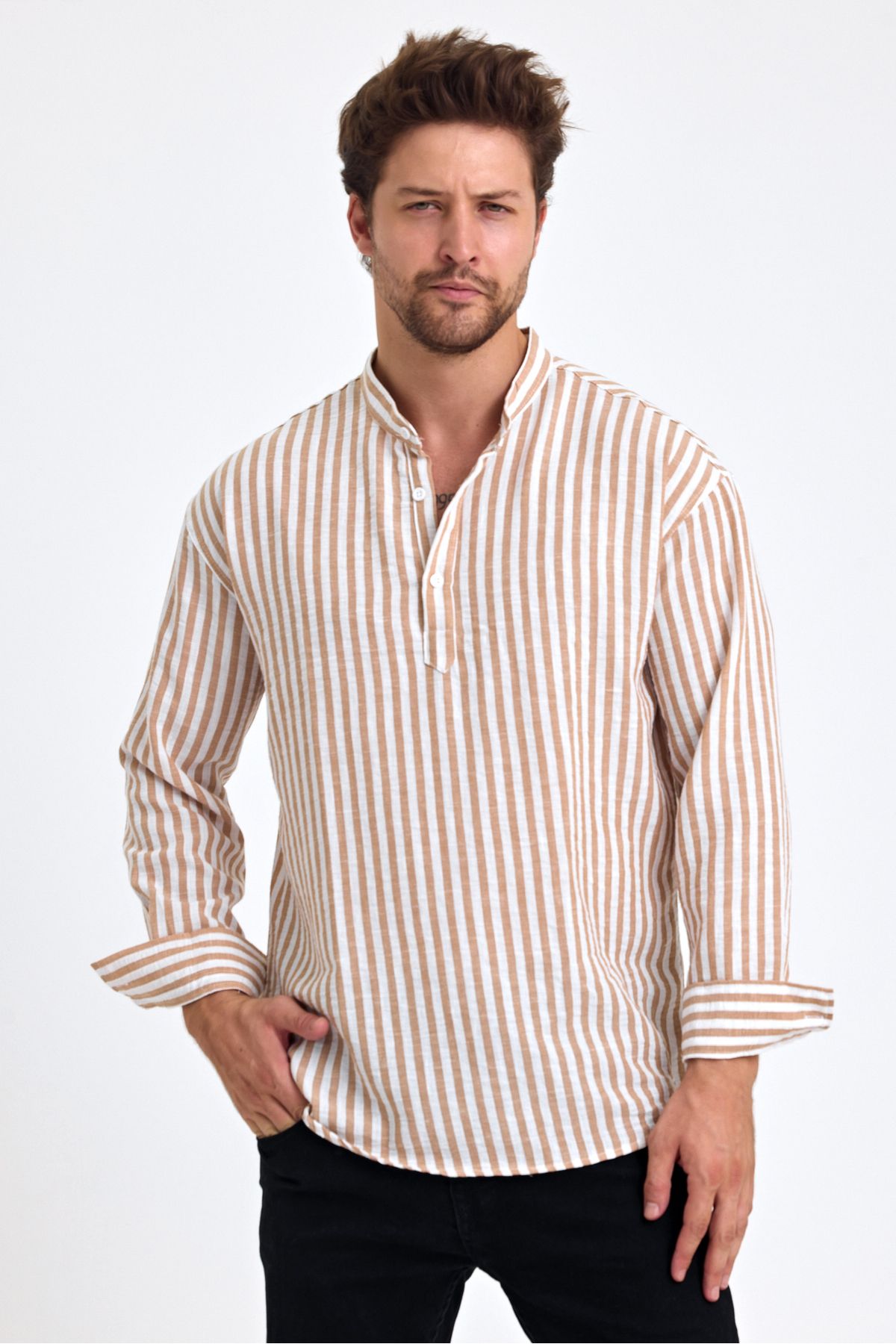 Tarz Cool-Linen Men's Shirt - Striped, High Collar, Three Buttons 2
